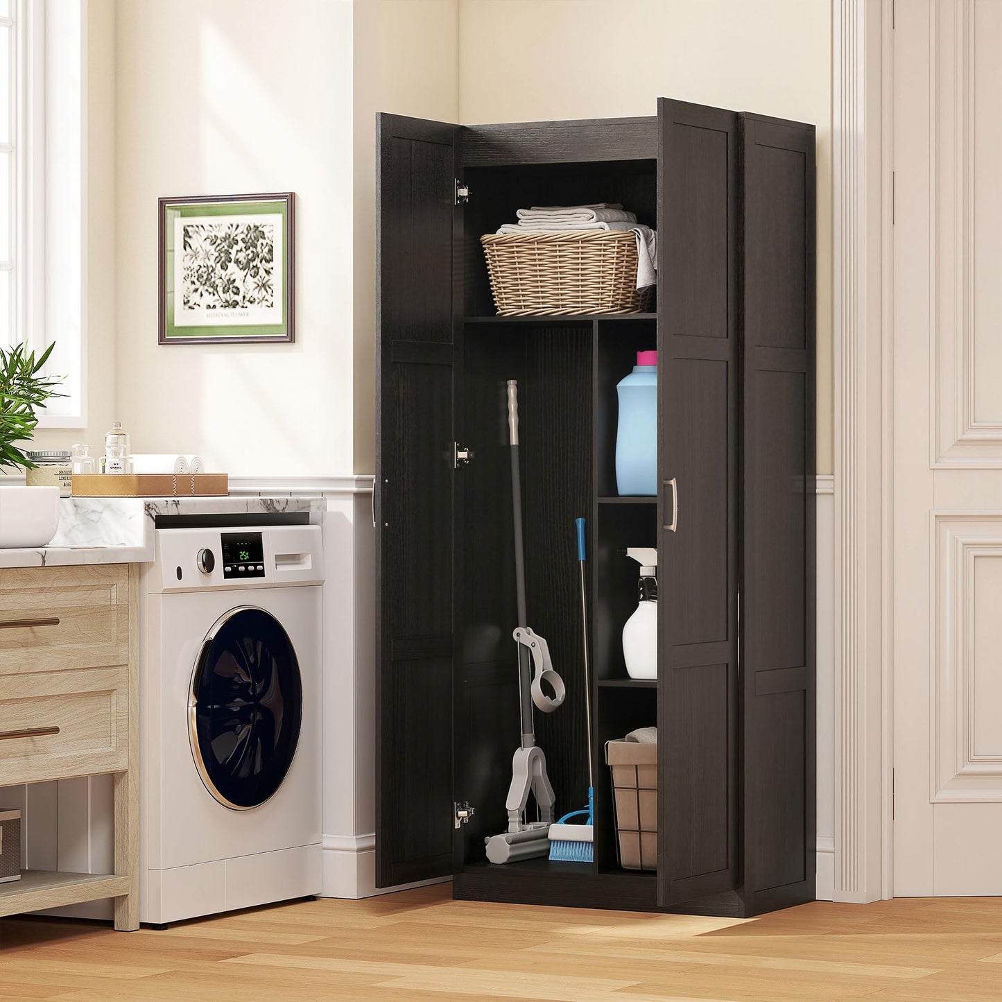 HOMCOM 71" Tall Kitchen Pantry Cabinet with Soft-Close Hinges, Modern Farmhouse Freestanding Pantry Storage Cabinet with 2 Framed Doors, 4 Adjustable Shelves, Espresso