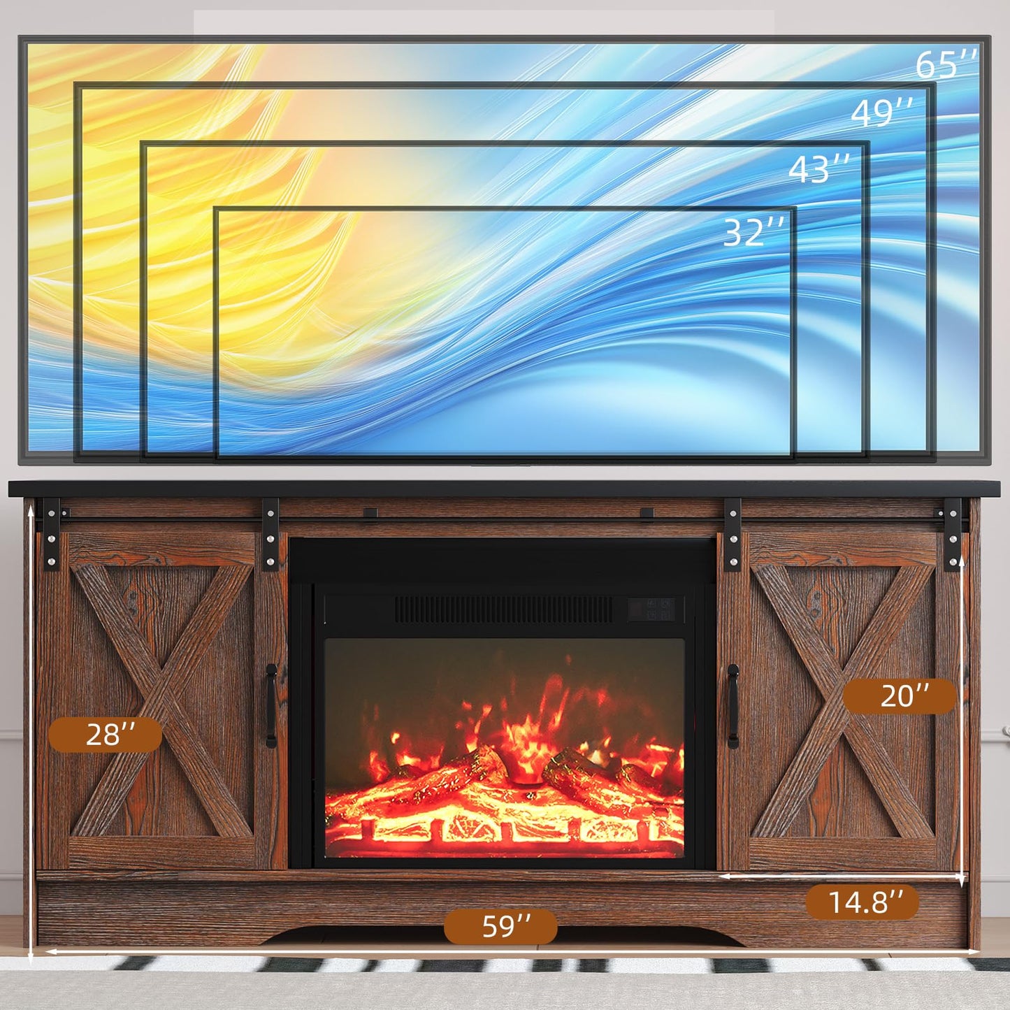 4 EVER WINNER Fireplace TV Stand with Fireplace, Sliding Barn Door, Adjustable Storage Cabinets, Farmhouse Entertainment Center with Fireplace for 65" TV, TV Stands for Living Room, Brown & Black