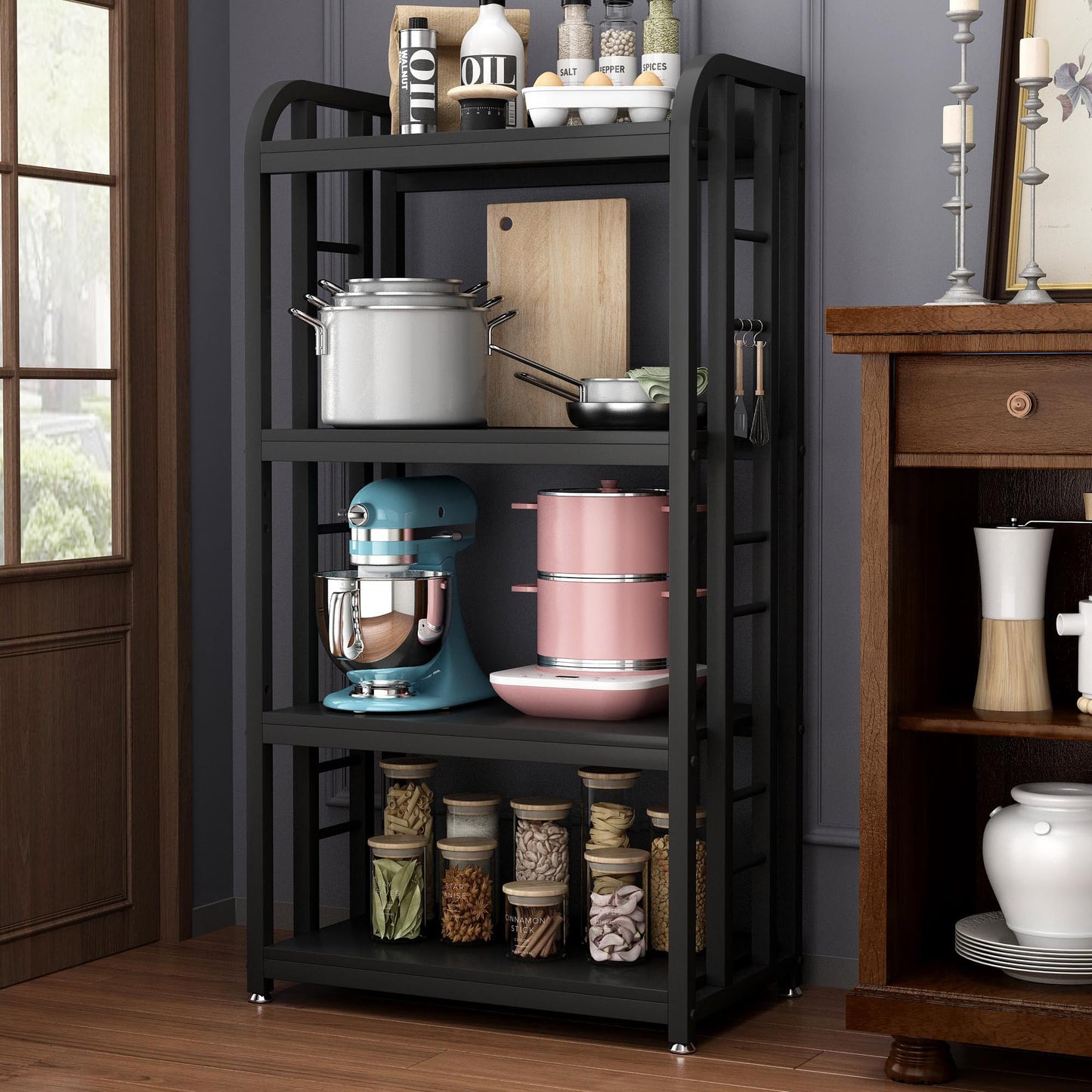 lovemanxi 4-Tier Kitchen Baker's Rack, Free Standing Microwave Oven Stand Utility Storage Shelf Island Coffee Bar for Living Room, Home Office (Black)