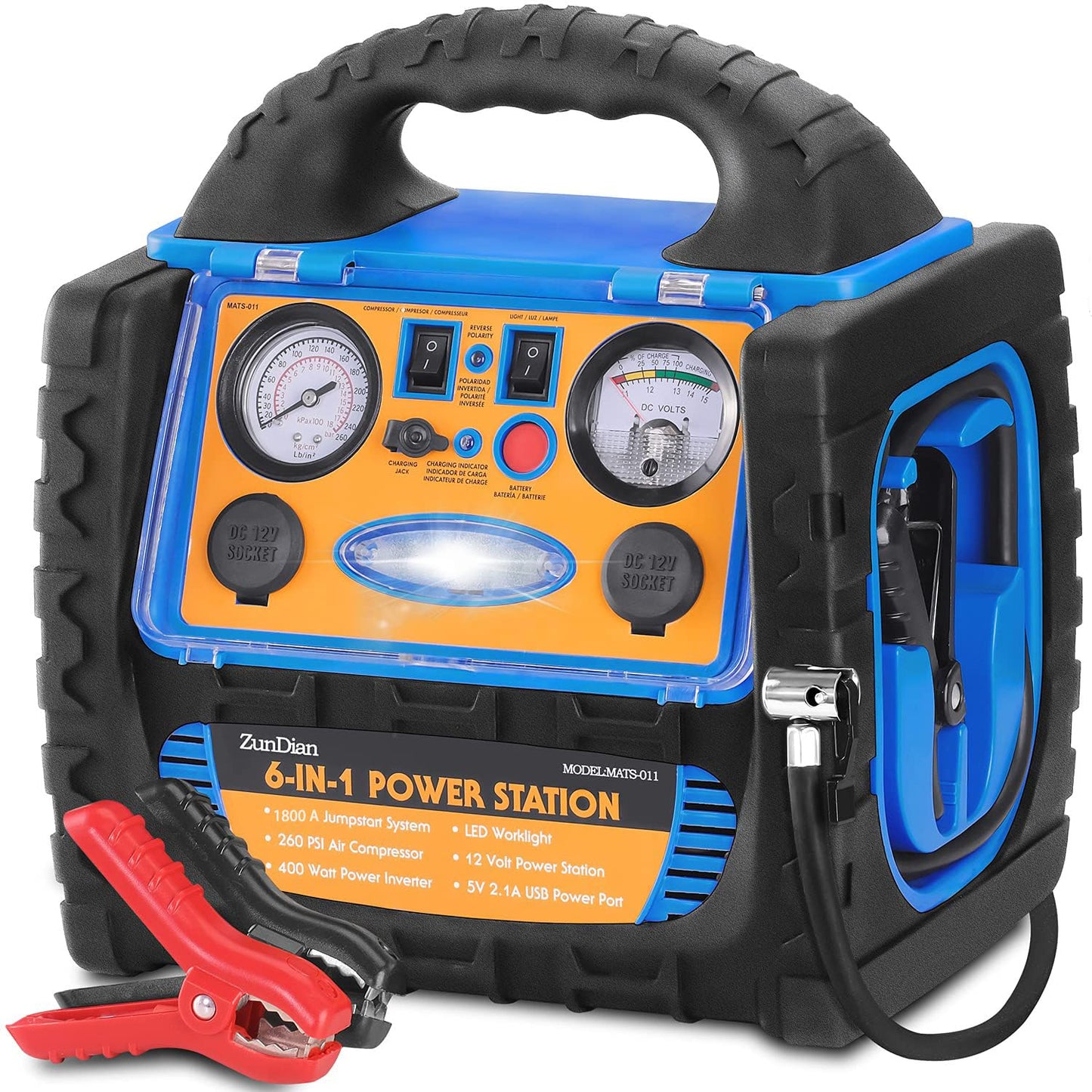 ZunDian 6-in-1 1800 Amp Jump Starter with Air Compressor 260PSI Tire Inflator, 12V Car Battery Jumper Starter Booster Pack for Truck Automotive Battery, Portable Power Station 400W AC Power Inverter