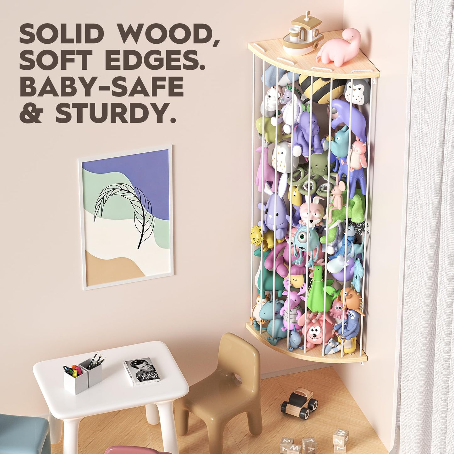 Zayysoha Corner Stuffed Animal Storage Zoo, Large Adjustable Solid Wood Plush Toy Organizer, Hanging Stuffie Holder Shelf & Cage with Engraved Dinosaur Star Moon for Kids Nursery Playroom