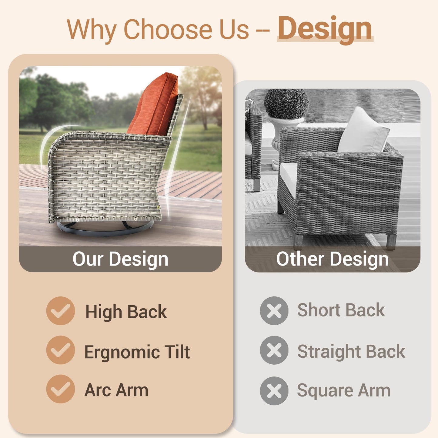 HOOOWOOO Patio Furniture Set,5 Pieces Wicker Outdoor Furniture,High Back Conversation Set with All Weather Resistant Solar Light Table Couch Swivel Chairs,Orange Red