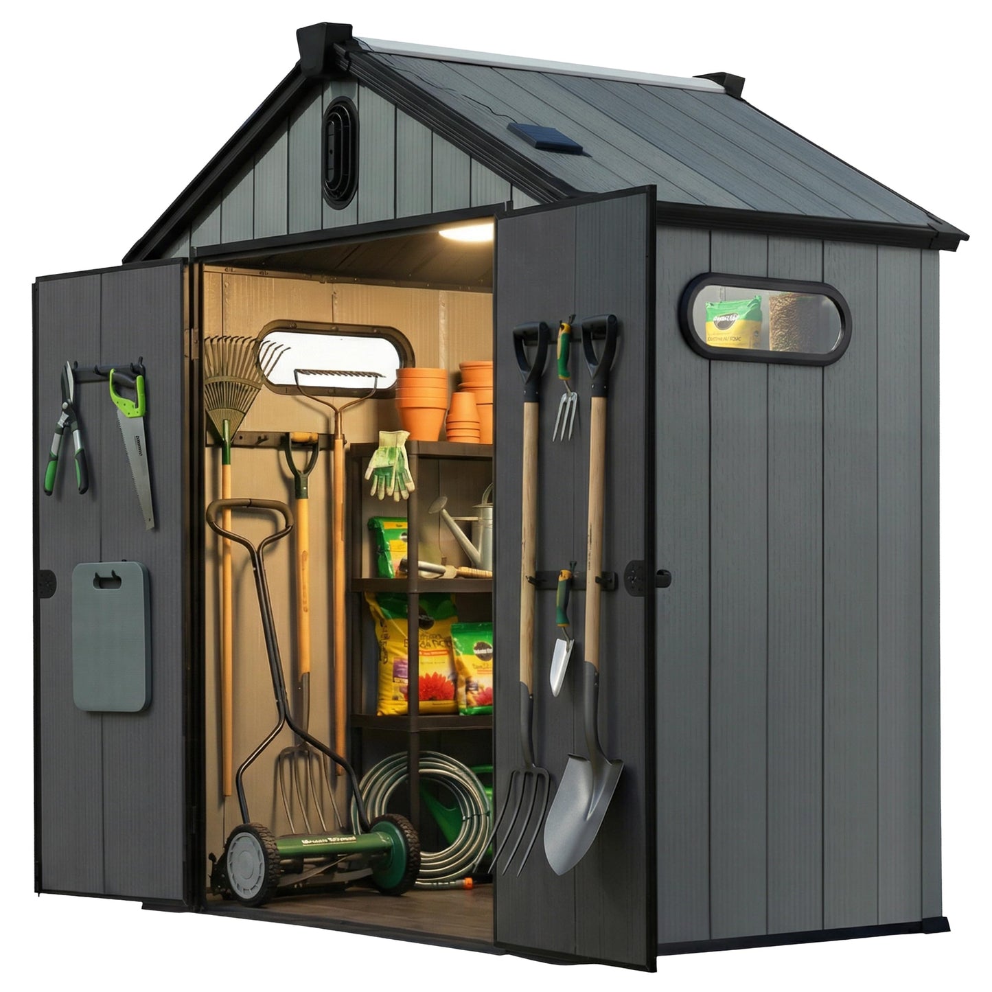 Plexalife 6×4 Heavy-Duty Outdoor Resin Plastic Storage Shed for Garden, Backyard, Patio, Lawn, with Windows, Double Doors, Ventilation and Solar Lighting, Weatherproof, Light Grey