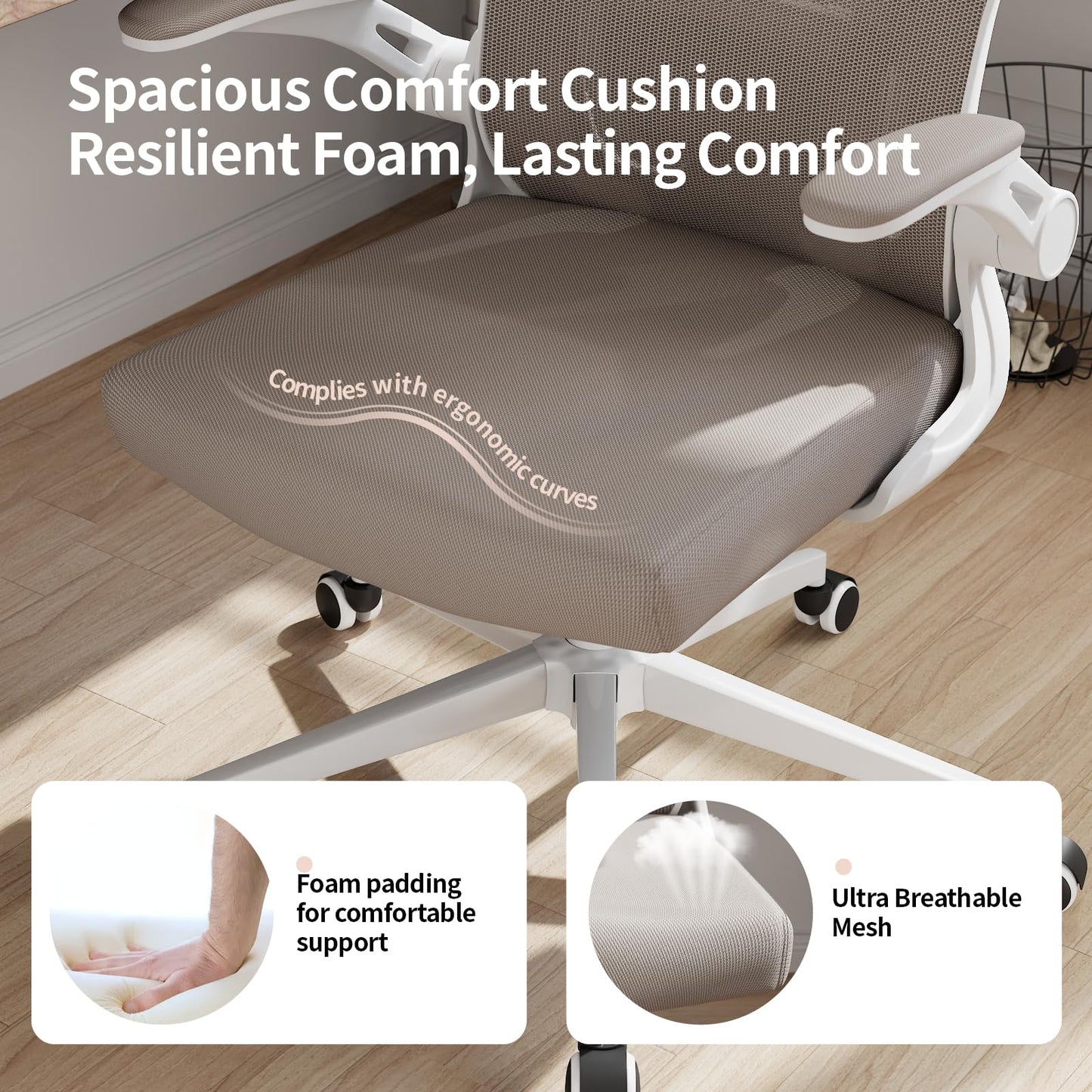 Office Chair Ergonomic Desk Chair with Lumbar Support&Headrest&Flip-up Arms Height Adjustable Rocking Swivel High Computer Chair Multi-Angle from 90° to 125° with 350LBS Capacity(White+Khaki-2)