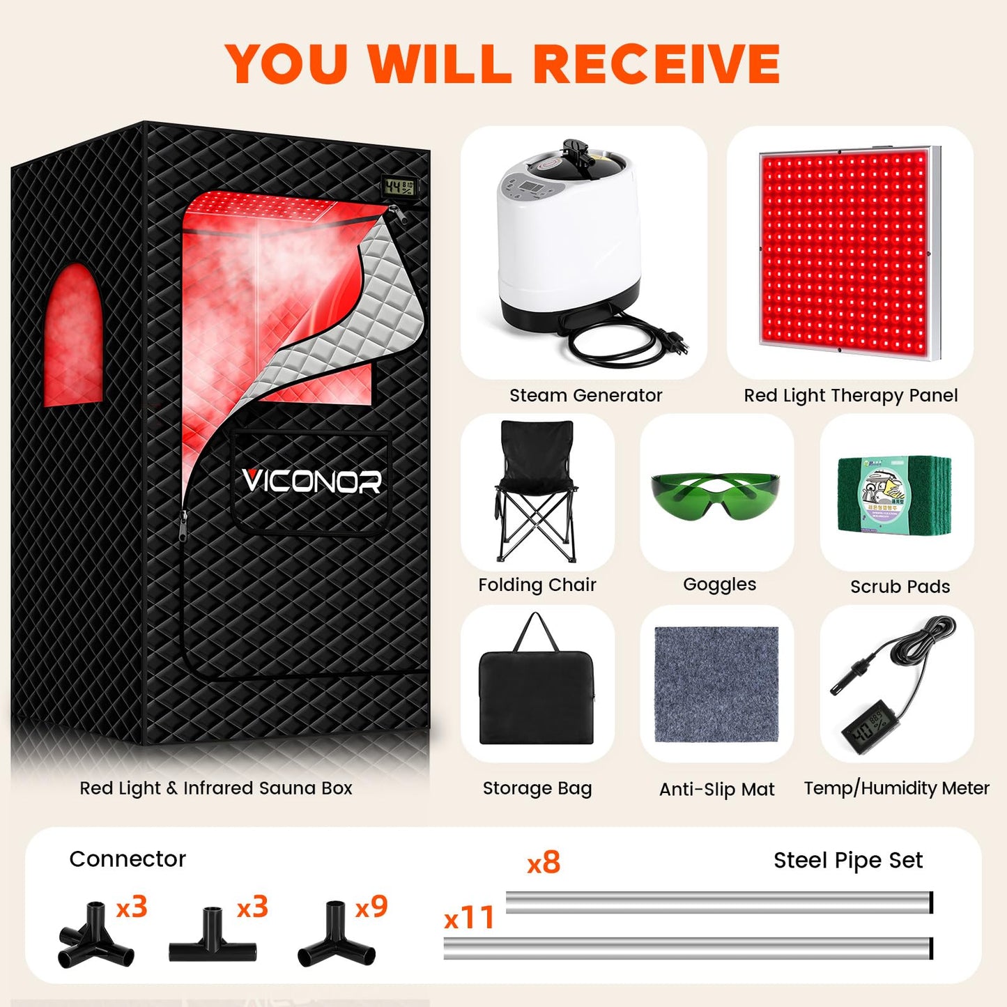 Viconor Red Light Sauna, Portable Steam Infrared Sauna with 660nm & 850nm Red Light Therapy for Home, Full Body Steam Sauna Box for Relaxation, 3L/1200W Steamer, 9 Levels Heat, Timer, Folding Chair
