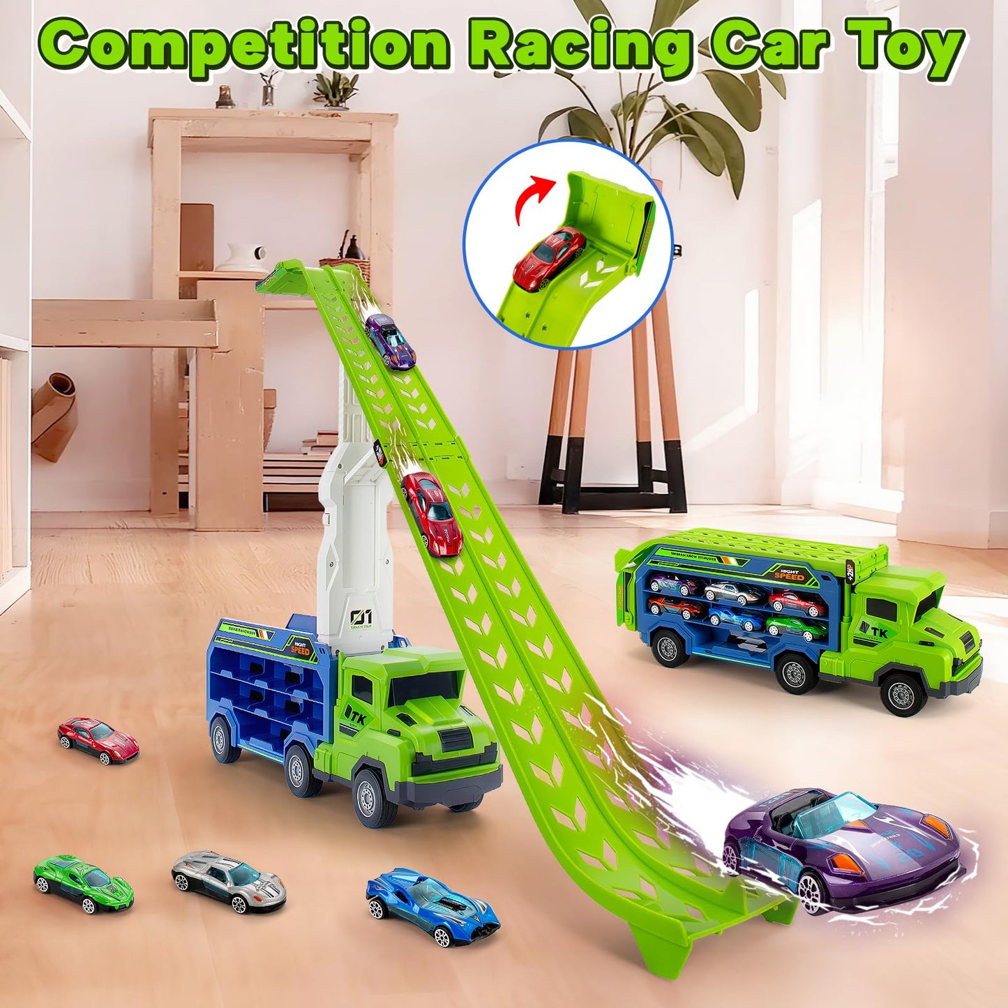 Kids Toys for 3 4 5 6 7 8 Years Old Boys, Carrier Truck Transport Car Toys, Foldable 2 Layer Car Race Track Playset with 25-in Race Track, 6 Metal Toy Cars, Birthday Toy Gift for Toddler Boys Girls