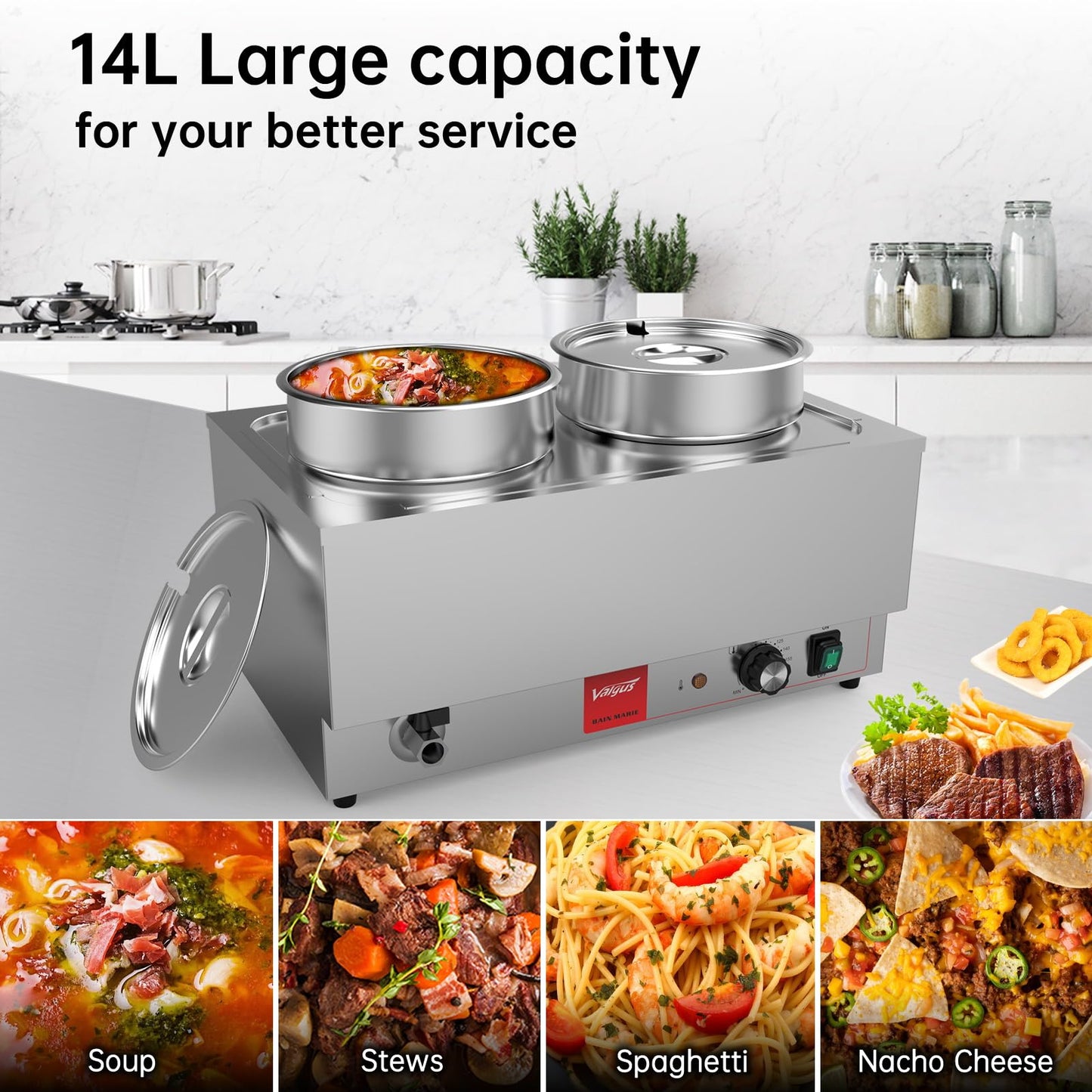 Valgus Commercial Stainless Steel Bain Marie Food Warmer 2 Round Pots Electric Soup Warmer with Lid and Tap for Home, Catering, Buffet