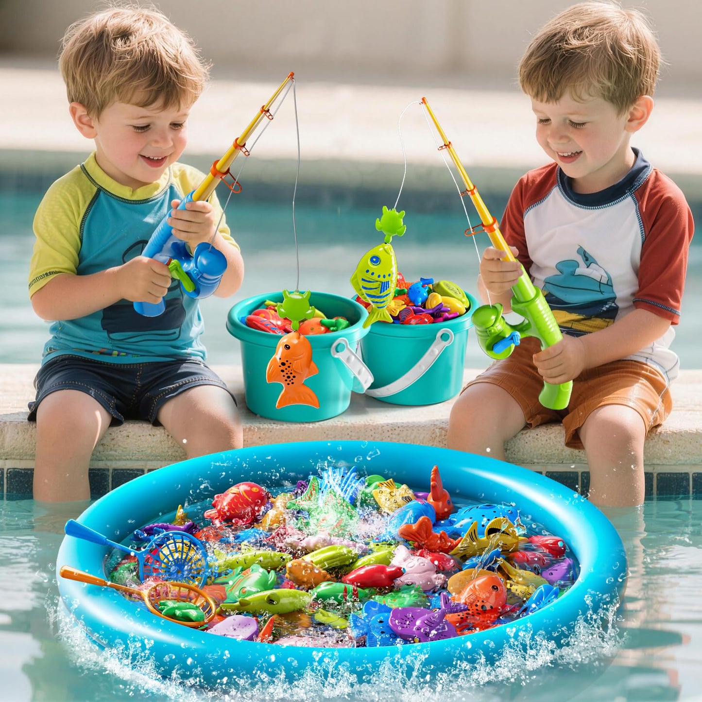 Magnetic Fishing Game Pool Toys for Kids 3 4 5 6 7 8, Water Table Bathtub Toys with Inflatable Pool, Bath Toys for Toddlers, Summer Outdoor Indoor Magnetic Fishing Toys Gifts for Boys Girls 3-5 4-8