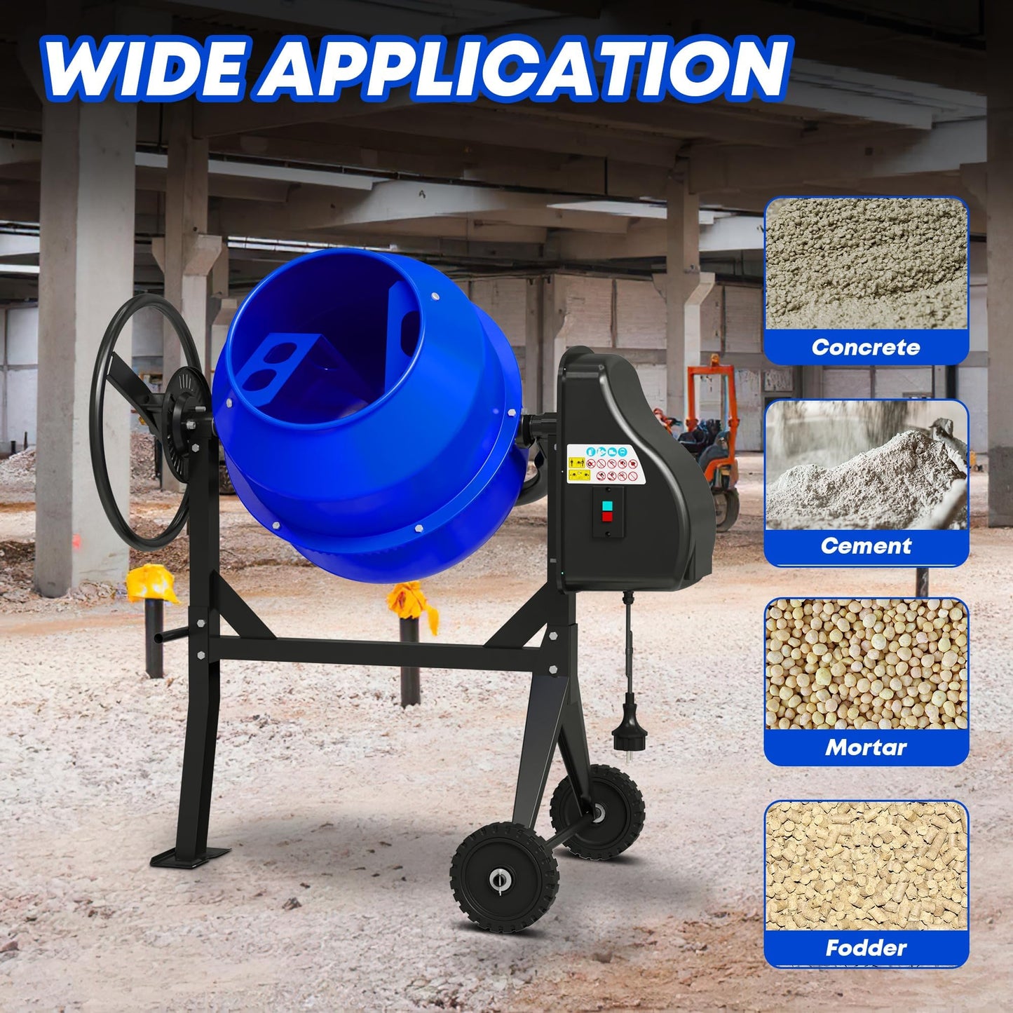 SILVEL Concrete Mixer 4.3 Cu.Ft. – 450W (3/5HP) Heavy Duty Portable Concrete Mixer with Wheel & Stand for Mortar, Stucco, Fodder – Industrial Cement Mixing Machine, Upgraded Blue