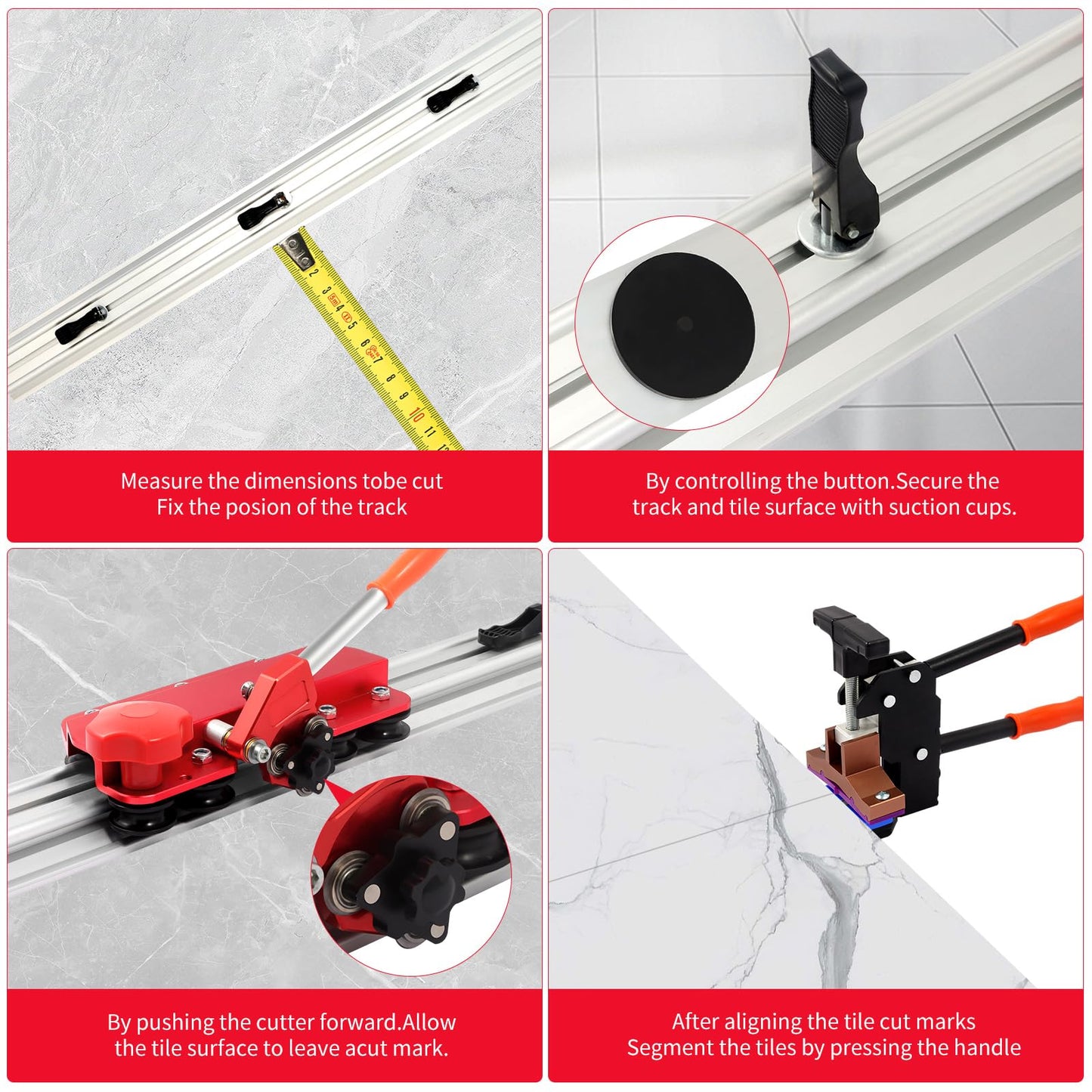 Large FormatTile Cutter, Manual Ceramic Tile Cutting Tool with Built-in Suction Cups & Tile Clamp, 3-Head Scoring Wheel System, for Up to 0.47-Inch Thick Tiles