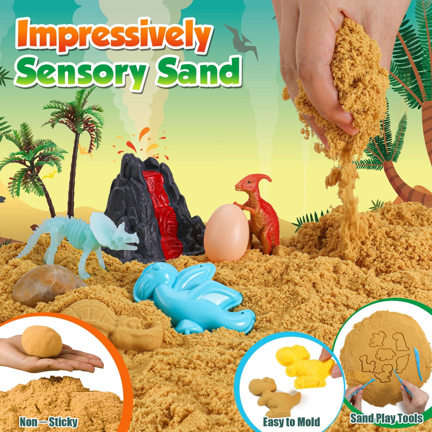 FRUSE Dinosaur Sensory Bin Toys,Play Sand Art Kit with 2.2lbs Sensory Play Sand,Glow in The Dark Dinosaurs,Dino Magnifying Glass and Sandbox,Learning Toys for Kids Ages 3 4 5 6 7 8