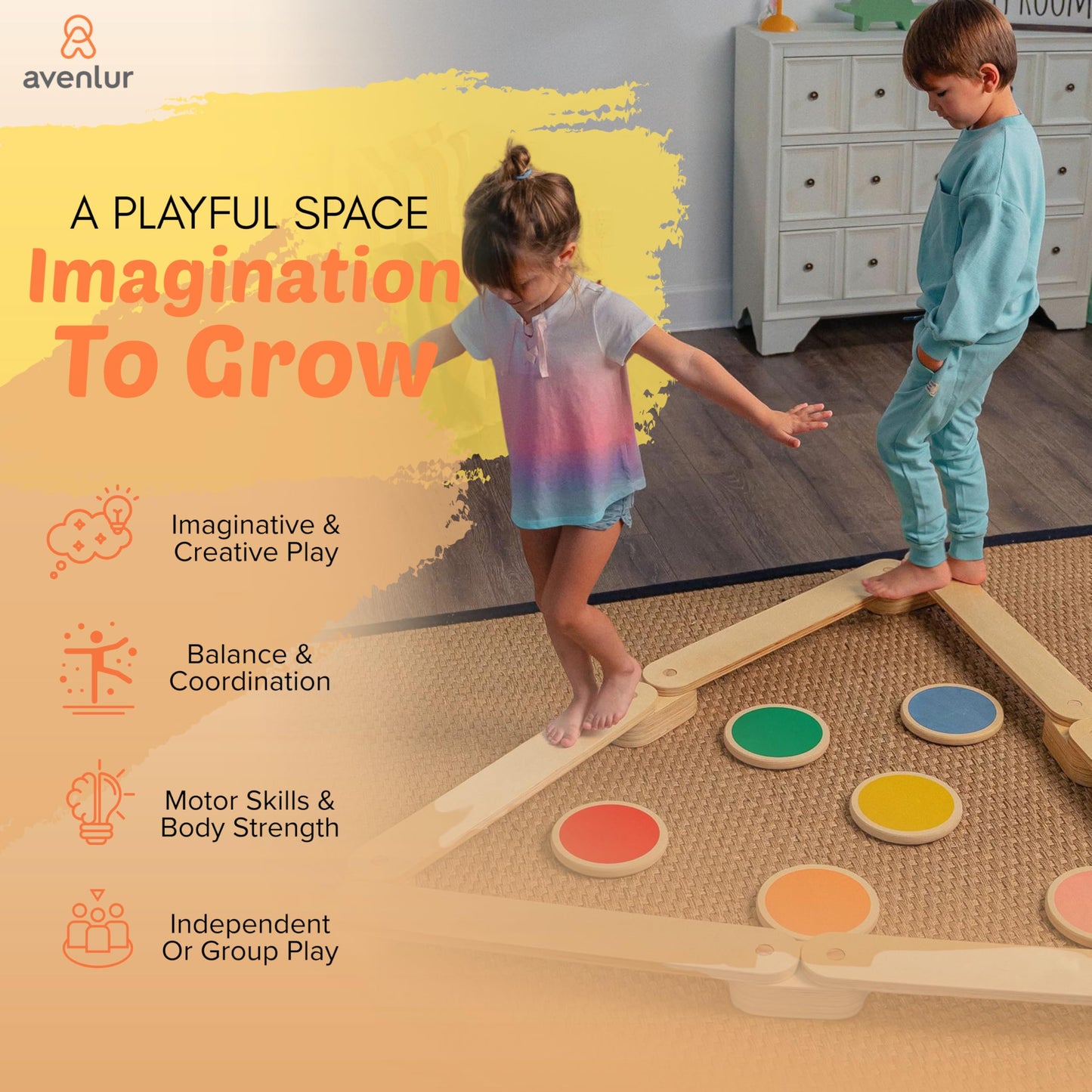 Avenlur Majesty Balance Beam for Kids - Toddler Stepping Stones and Connectors - Waldorf and Montessori Balance Board for Kids Ages 2 to 8 Years Old - Gymnastic Baby Obstacle Course