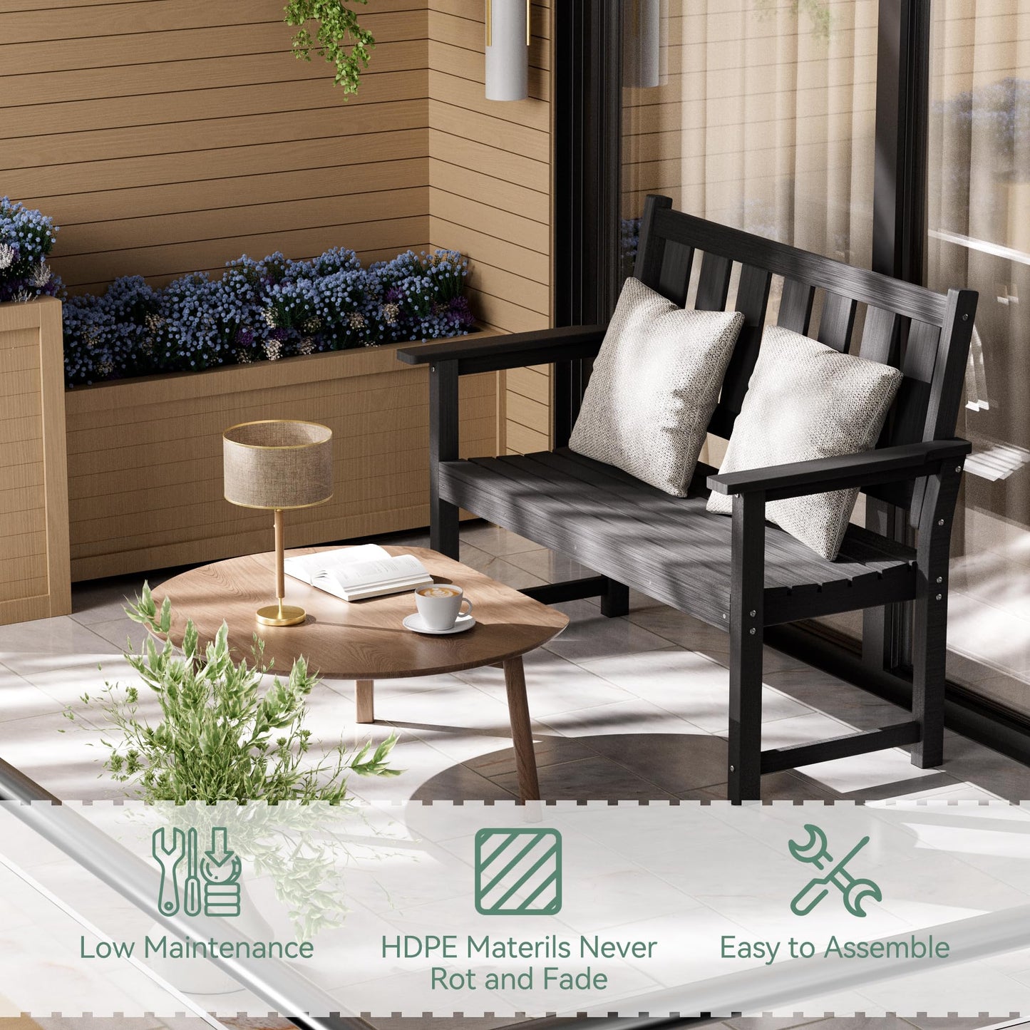 ACUEL HDPE Outdoor Bench – 50'' Weatherproof Durable Garden Bench, 2-Person Park Bench, Multi-Purpose Design Ideal for Porch, Patio, Church, and School (Black)