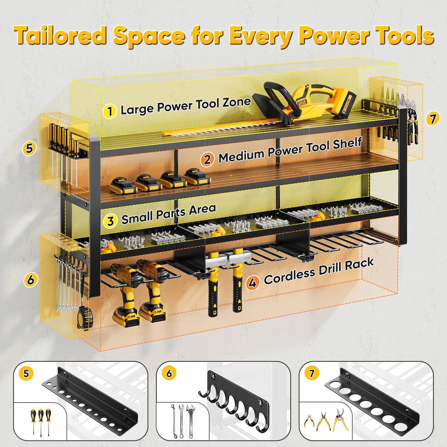 POKIPO 49" W Large Power Tool Organizer Wall Mount, 4 Layer Heavy Duty Loads 800 lbs, Tool Storage Rack Holds 12 Cordless Drills, Large Capacity Battery Holder for Garage, Gift for Men