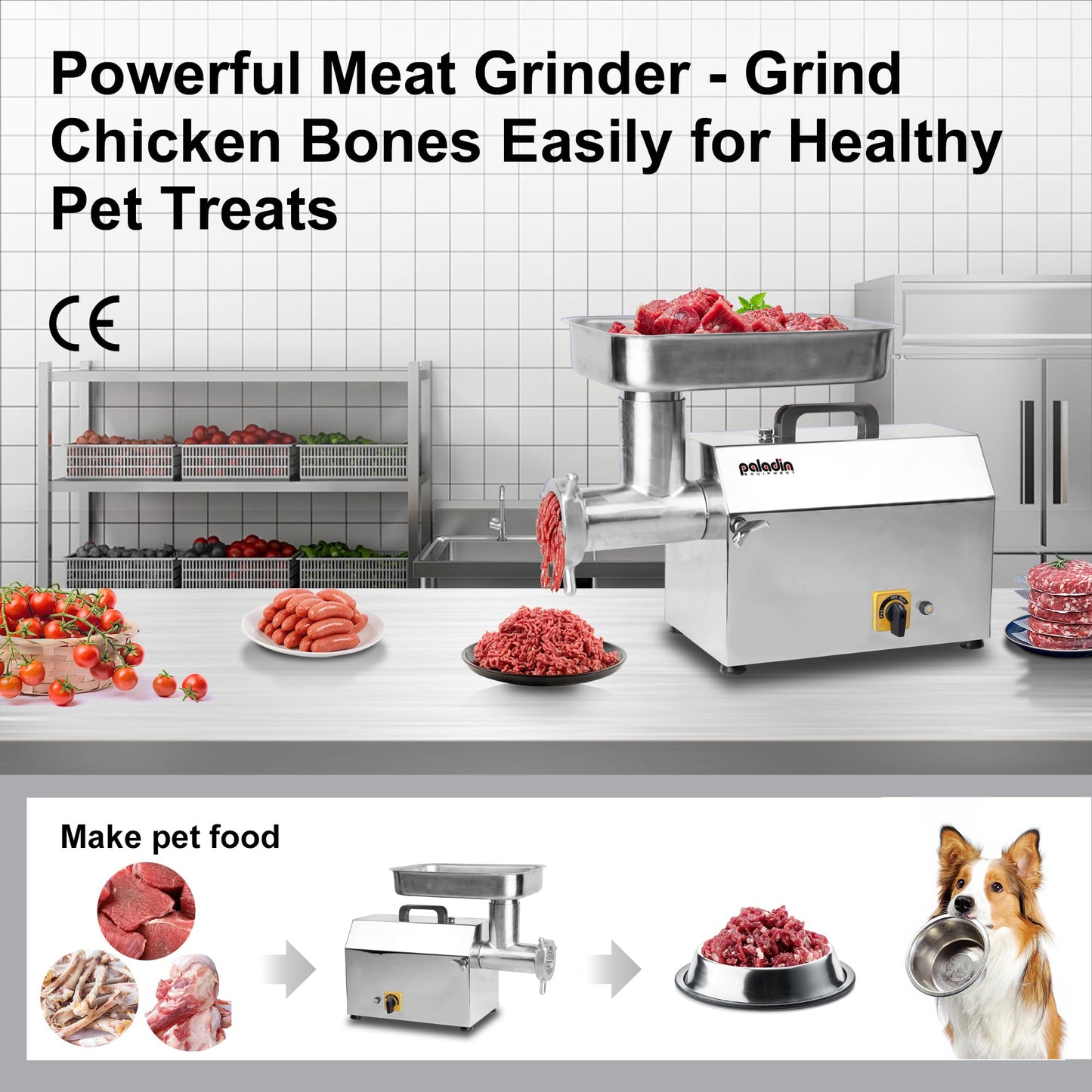 Paladin Equipment #12 Electric Commercial Meat Grinder Machine, 14 lbs Per Minute, 1 HP Heavy Duty Stainless Steel Meat Grinder with sausage stuffer, Ideal for deer processing, Pet Food,Heavy Use