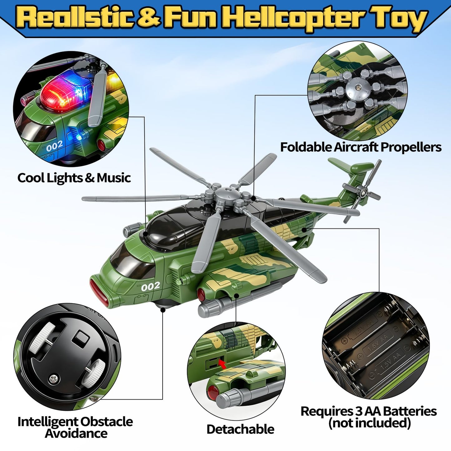 Bloolilies Helicopter Toy for Kids 3-5 6 7, Army Military Toy Helicopters with Lights and Music for Toddlers Birthday Gift, Bump and Go Airplane Toys for Boys Girls 3 4 5 6 7 Years Olds