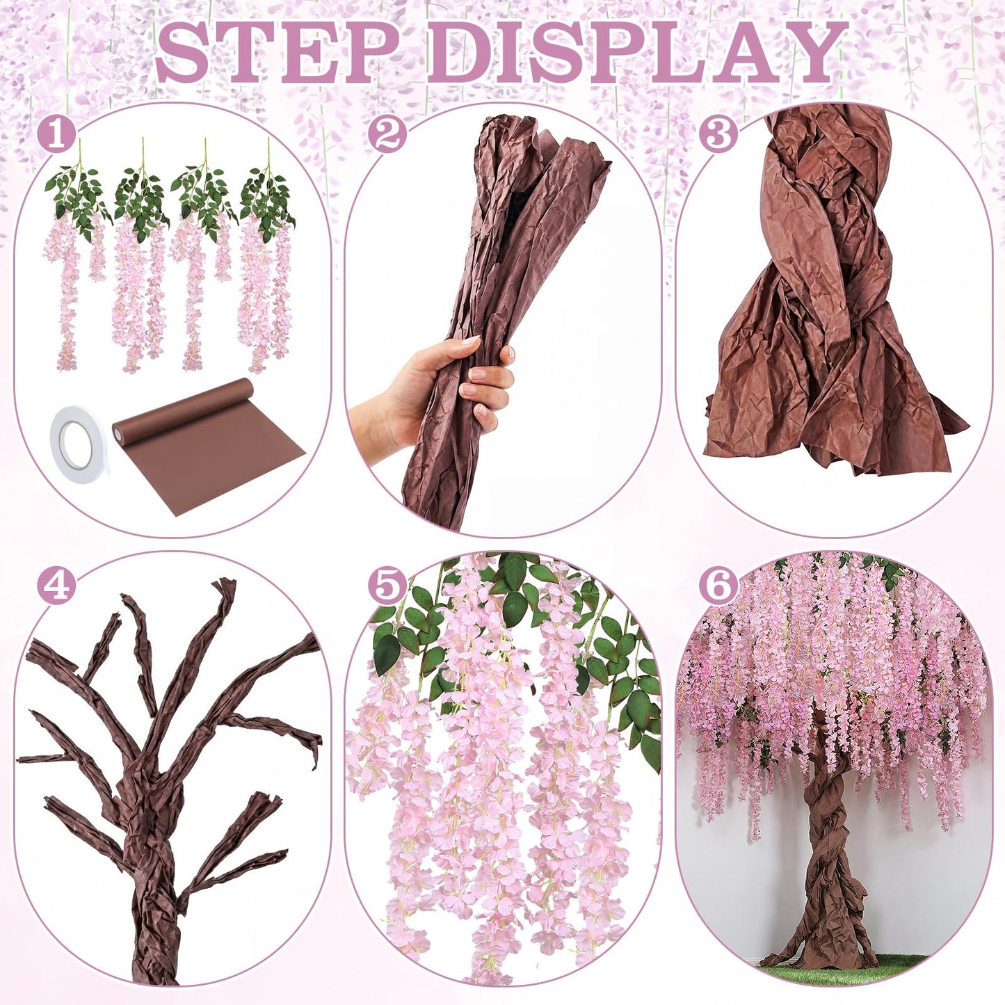 Giegxin DIY Wisteria Tree Hanging Flowers Branches 3D Paper Blossom Tree for Home Classroom Wall Spring Decor Fake Ceiling Flowers 20 Wisteria Branches for Indoor Bedroom Forest Background(Pink)