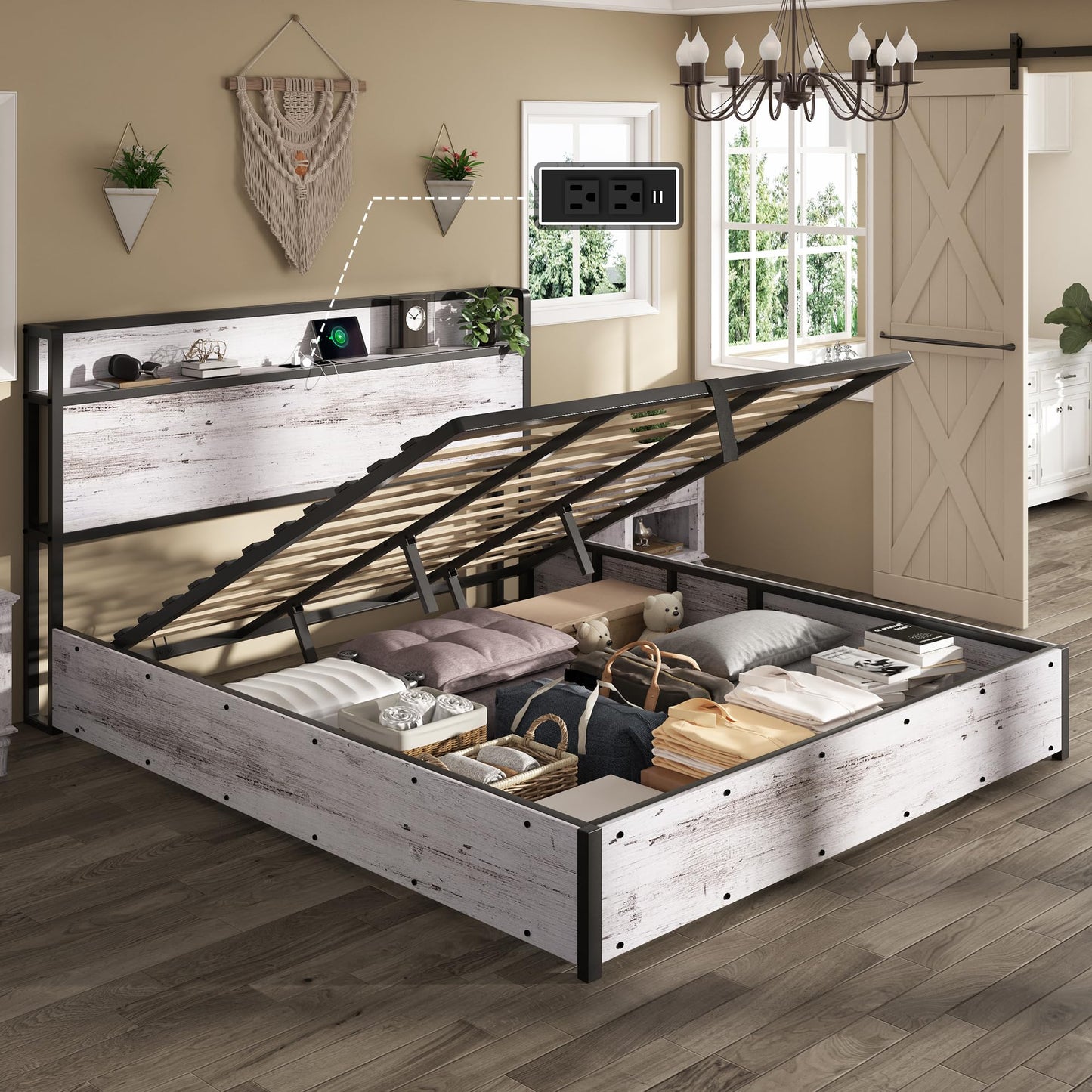AMERLIFE King Size Lift Up Storage Bed Frame, Wooden Platform Bed Frame with Lifting Storage & Charging Station, No Spring Box Needed/Noise Free, White Birch