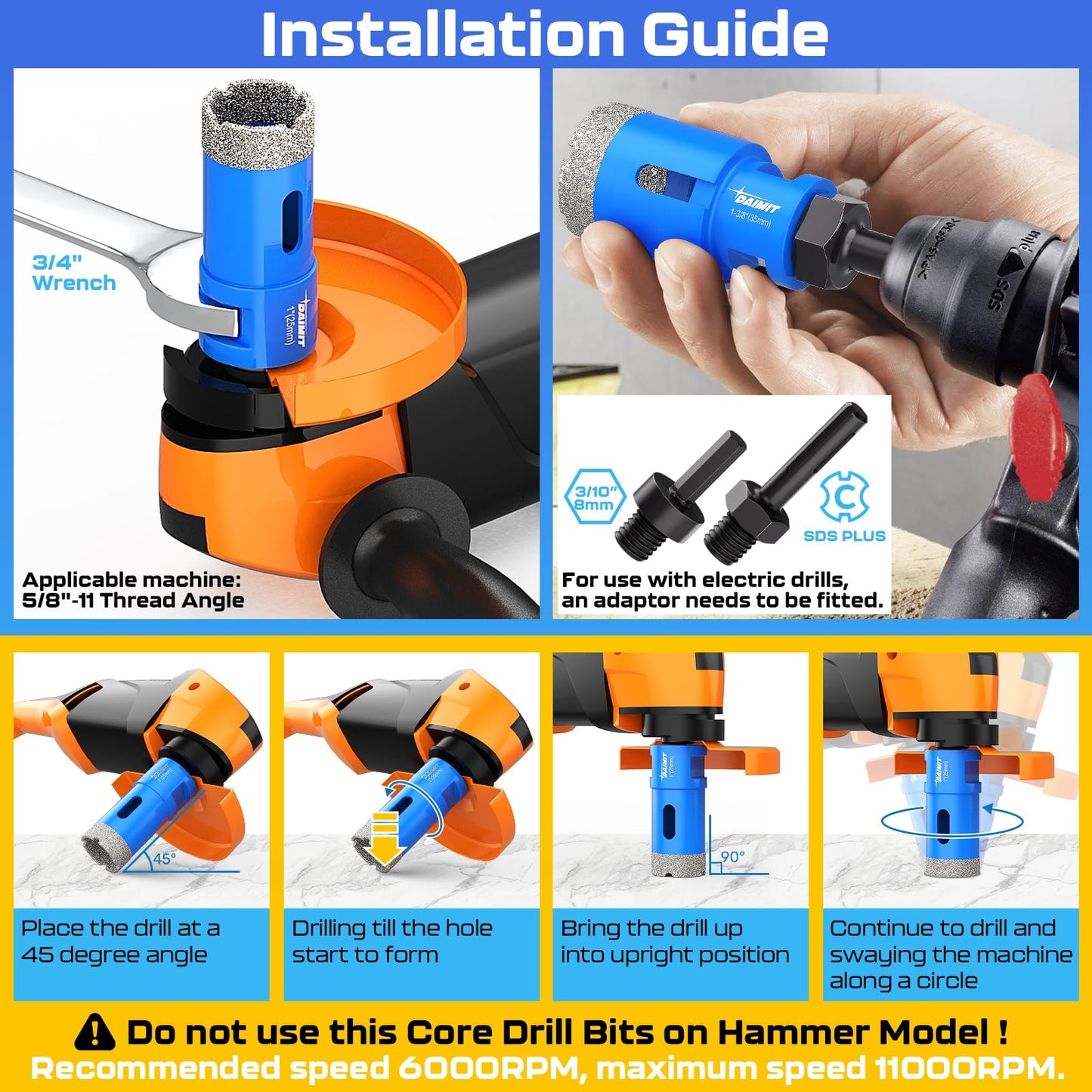 DAIMIT 13-Piece Diamond Drill Bits Set | Vacuum-Brazed Core Hole Saws (5/8"-11 Arbor) for Tile, Marble & Porcelain | Wet/Dry Use | Granite & Glass Cutting Kit