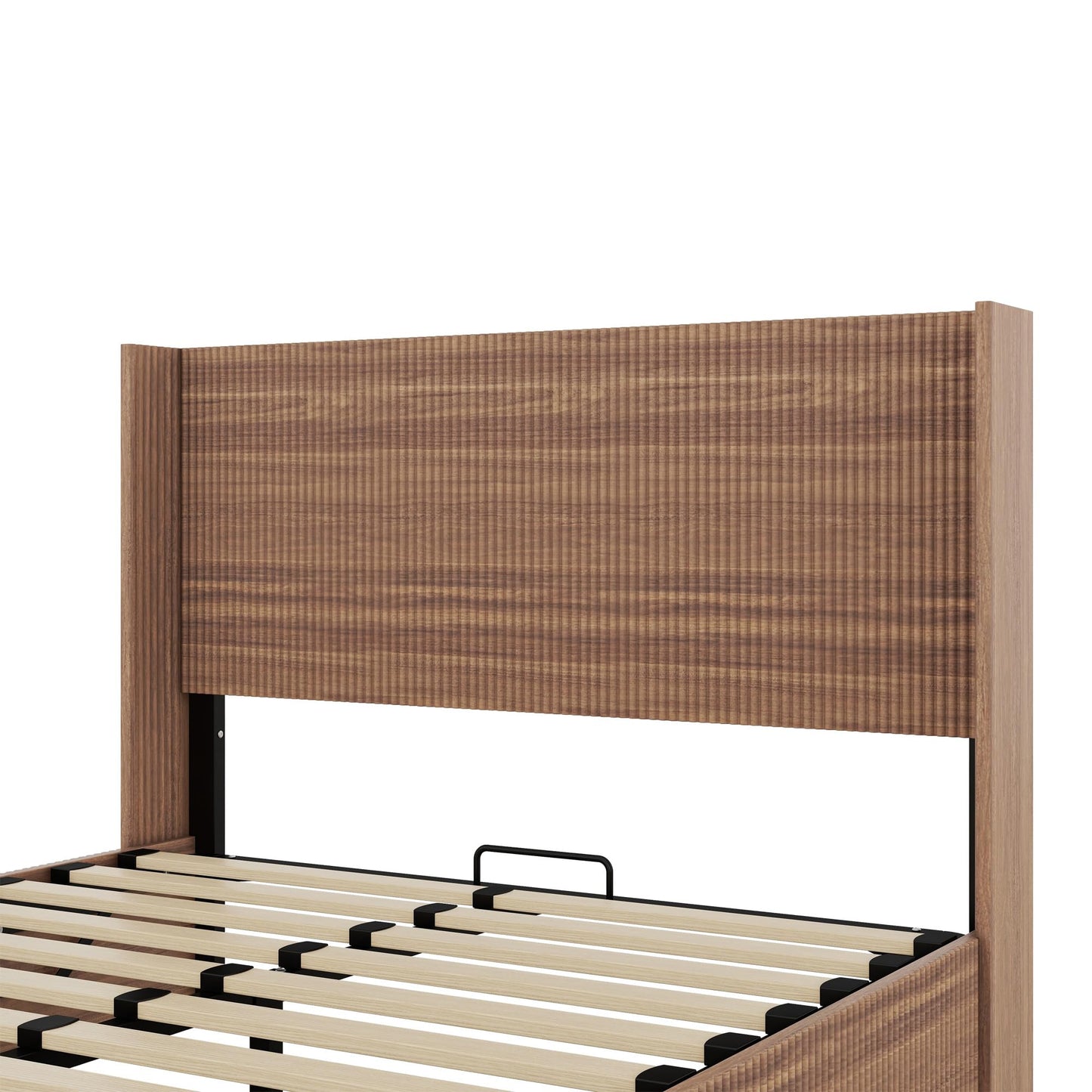Lift Up Storage Bed Queen Size, Queen Bed Frame with Headboard and Lift Storage System, Wood Headboard with Wing-Back and Convex Groove Board Design