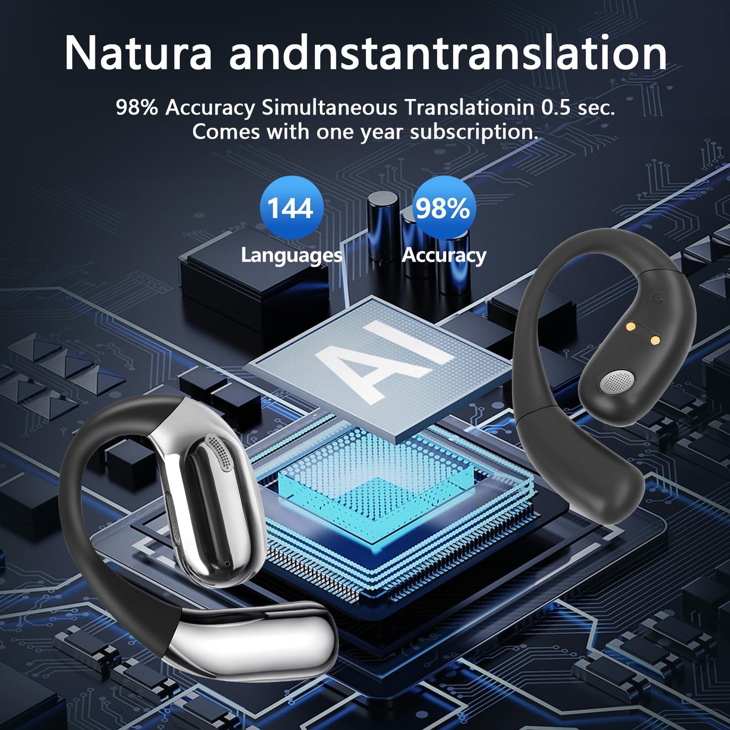 Psadhi AI Translation Earbuds Real Time, LCD Touchscreen Real-Time Translator for 144 Languages & Accents Includes Free Subscription Translation Device Earphones for Travel Business Learning, Black