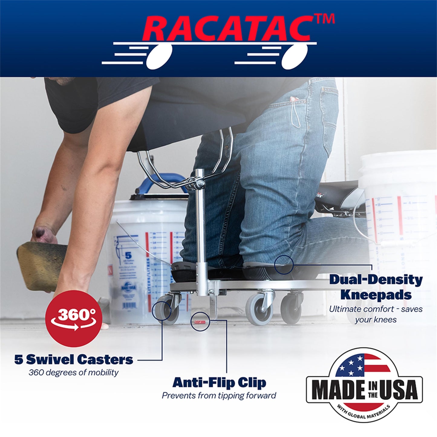 Racatac Kneeling/Sitting Creeper, 3 Inch Casters, Chest Support, Knee Pads, Made in The USA, 01RAC3CS