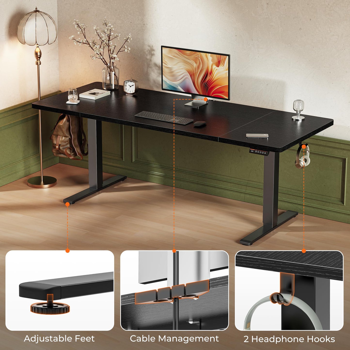 Huuger 71 x 30 Large Electric Standing Desk, Height Adjustable Computer Desk, 29.5" Deep Desktop, Stand up Gaming Office Table with 2 Hooks, 3 Preset Heights, for Home Office, Black
