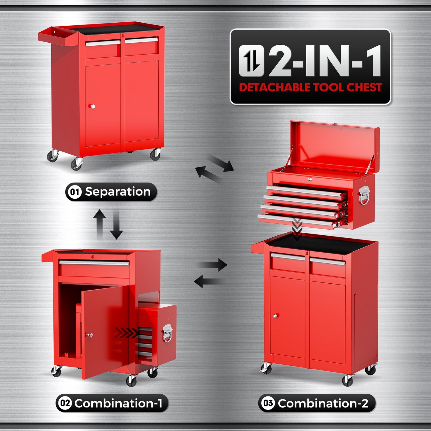 Patiomore 5-Drawer Rolling Tool Chest - Heavy-Duty Steel Tool Cabinet with Detachable Top Box, Locking Wheels & Security System for Garage/Workshop, 2-in-1 Design (Red)