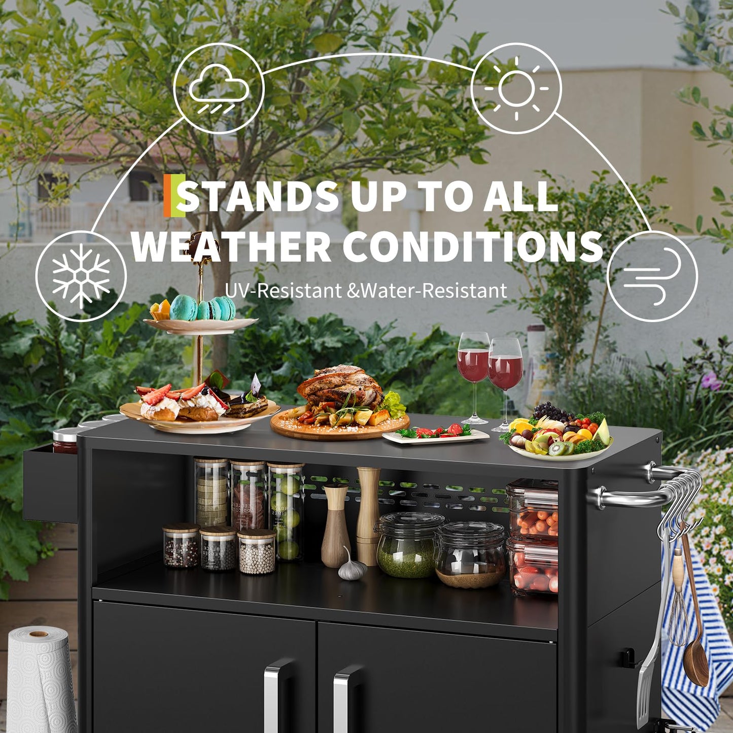Garvee Grill Table, Outdoor Grill Cart with Storage Cabinet, Kitchen Cart Island Multifunction Food Prep Table Stainless Steel Surface, Outside BBQ Backyard Include Hooks Spice Rack