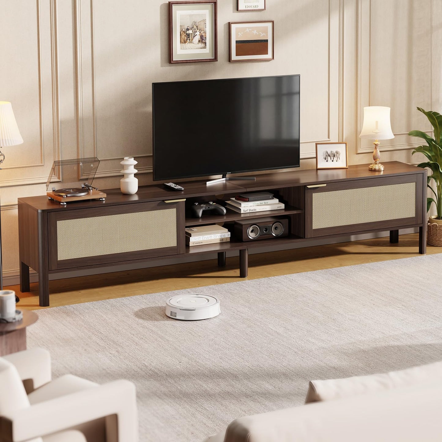 IKALIFE TV Stand for Living Room - Fits up to 80 Inch TVs, Rattan Media Console Table with Adjustable Shelves & 2 Storage Cabinets, Mid-Century Modern Entertainment Center, Walnut 71"