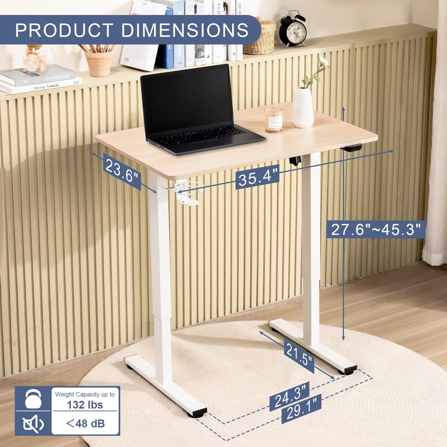 yaaqoo Small Standing Desk with Wheels, 35" x 24" Whole Piece Electric Height Adjustable Desks, Rolling Sit Stand Workstation with Cup Holder, Hook, White Frame, Oak Table Top