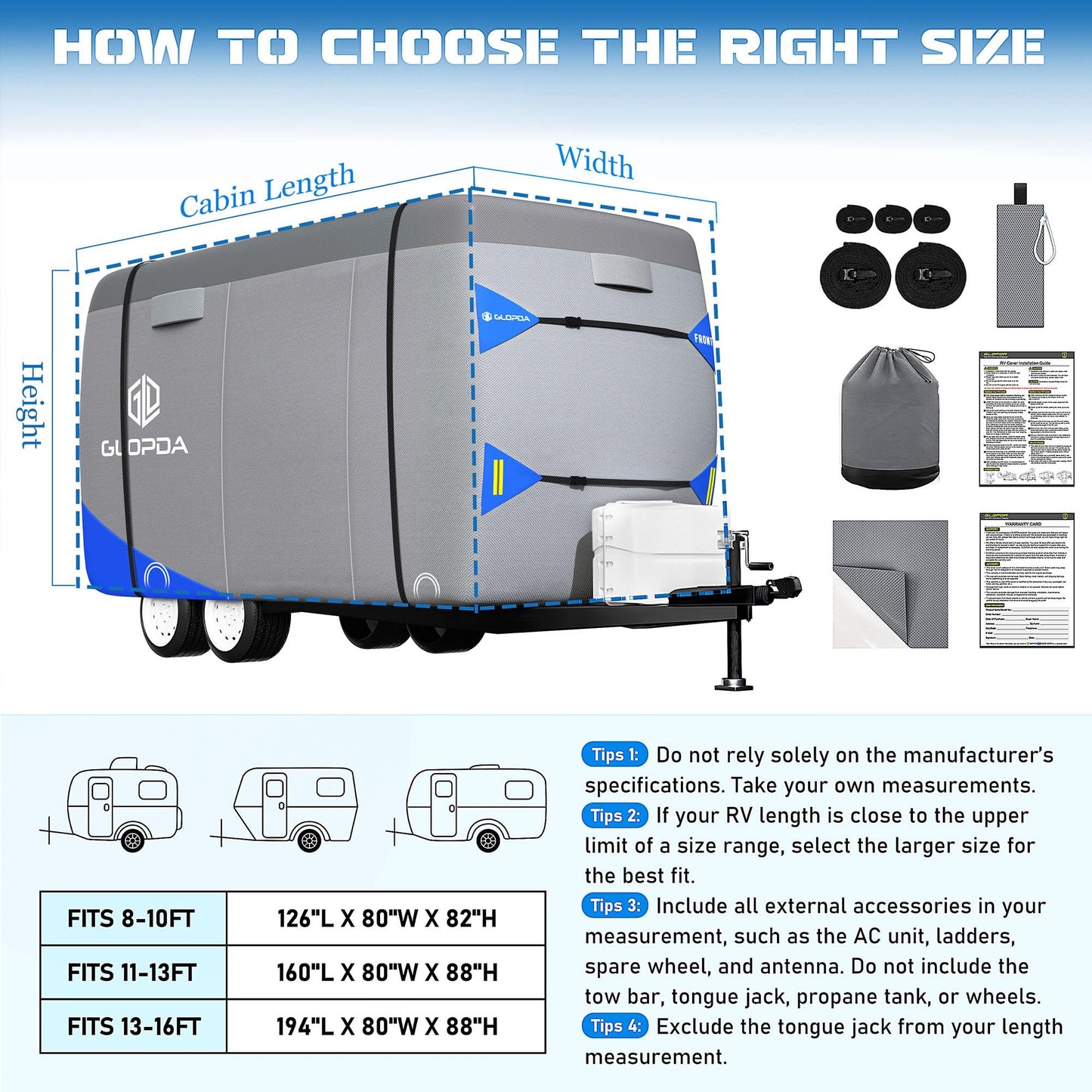 Fiberglass Travel Trailer Cover Fits 13' - 16' Trailers, Anti-Tear 7 Layer Top Camper RV Cover, Superior RV Covers with Windproof Strap, Adhesive Repair Patches