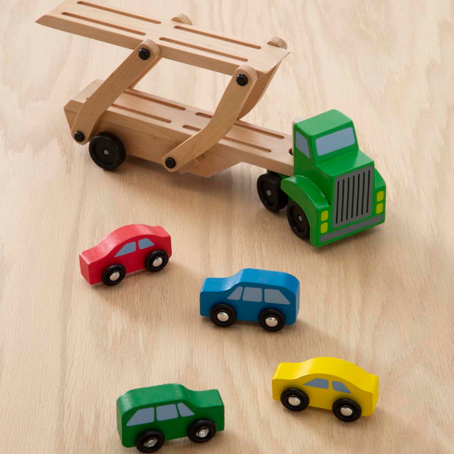 Melissa & Doug Car Carrier Truck and Cars Wooden Toy Set with 1 Truck and 4 Cars 5.75" x 12" x 3"