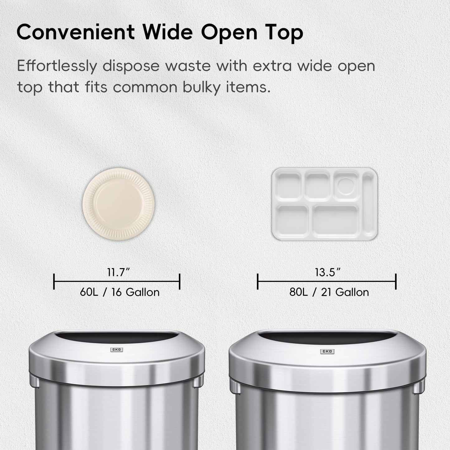 EKO Urban 16 Gallon Semi-Round Open Top Waste Bin, Stainless Steel Half Round Commercial Trash Can for Indoor and Outdoor, Extra Large Metal Garbage Bin for Home, Office, Restaurant, Restroom, 60L