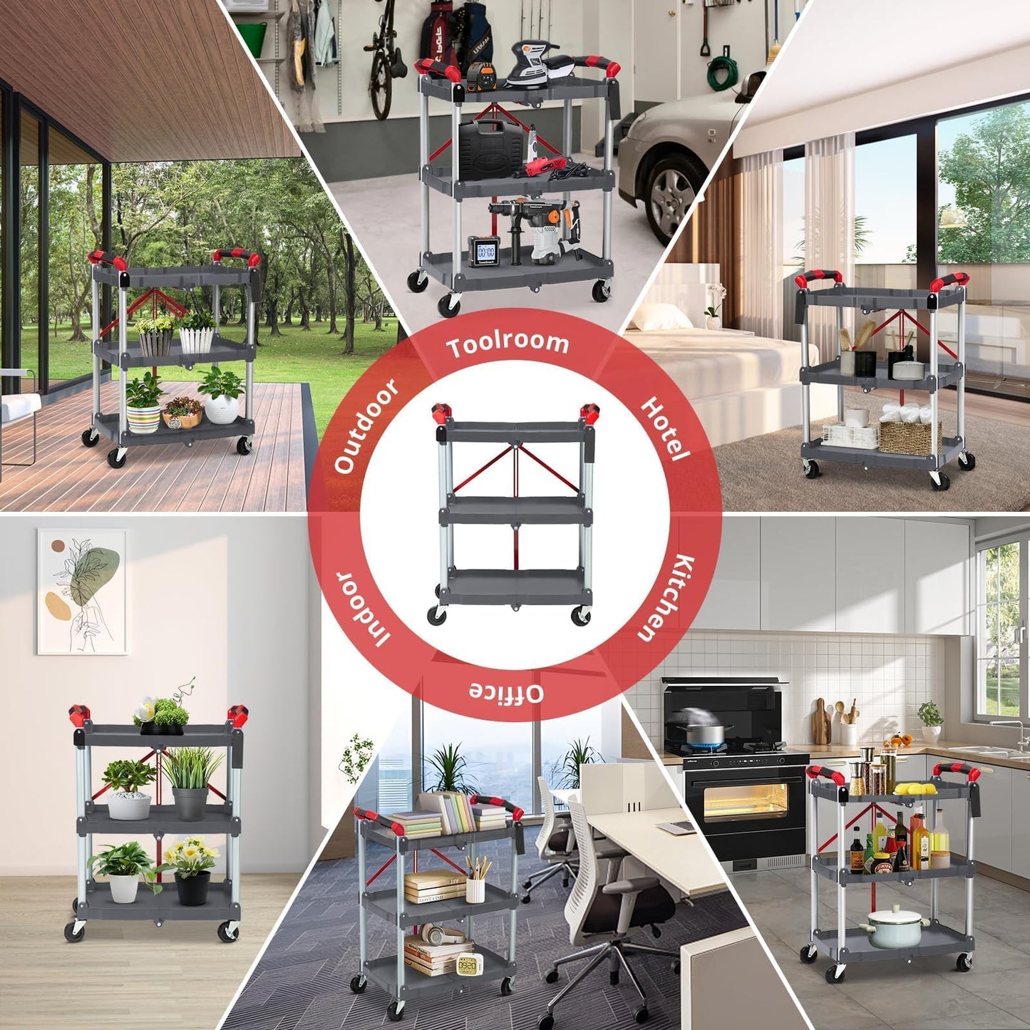 3-Tier Holds Foldable Utility Carts, Collapsible Service Rolling Carts with Wheels， for Home, Office, Garage, and Warehouse，No Installation Required