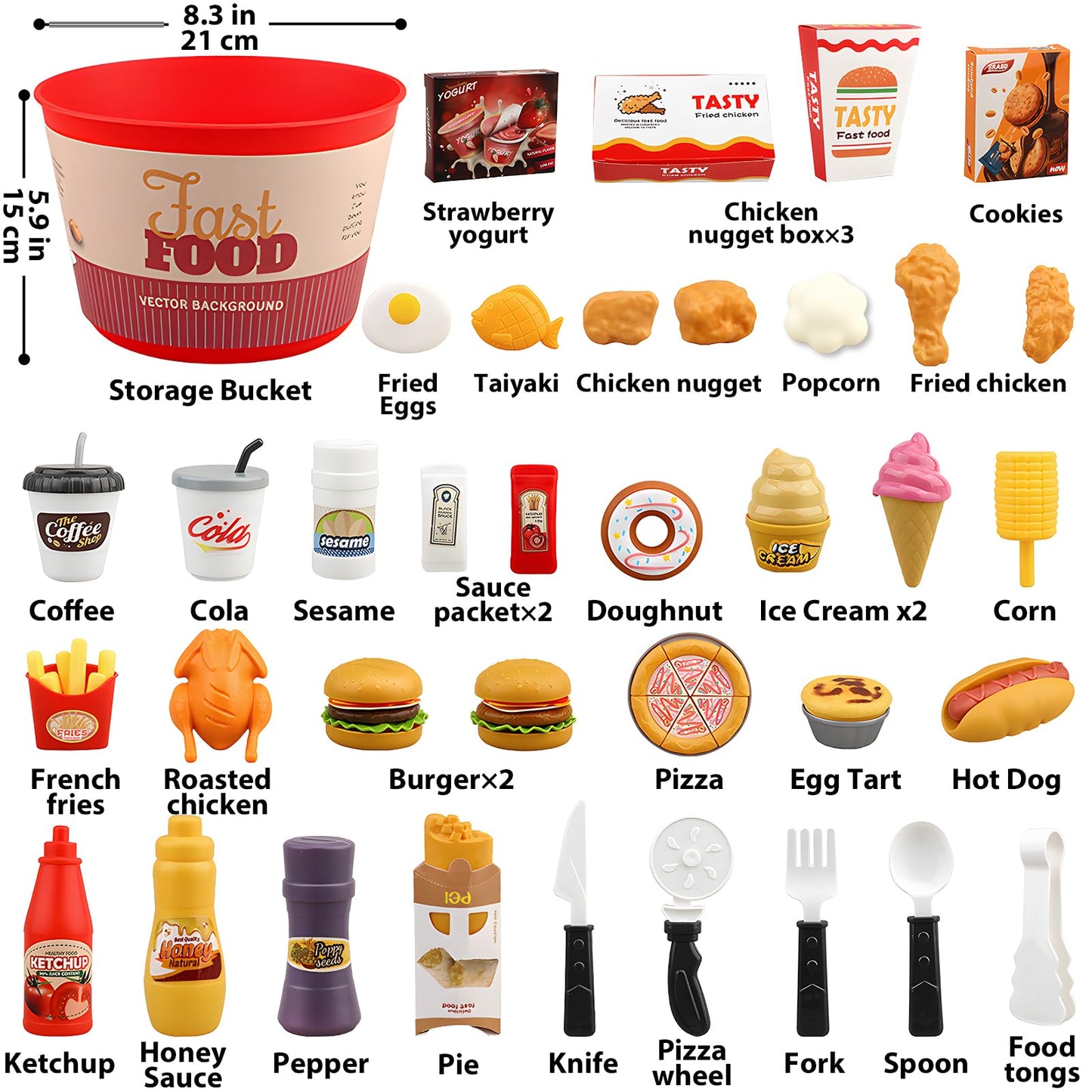Hydeem 80 Pcs Pretend Play Food Toy for Kids Kitchen Aged 3 4 5, Fast Food Set with Storage Bucket, Pizza, Burger, Ice Cream, Hot Dog, Educational Birthday Toy Gift for Boys Girls