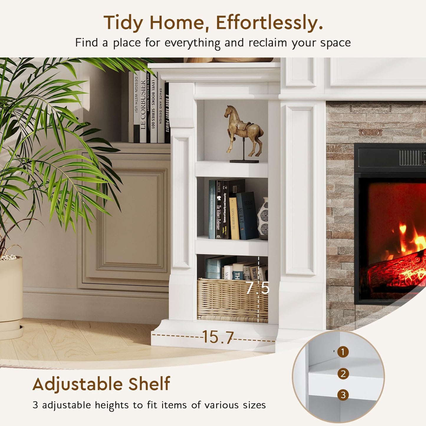 72" Electric Fireplace with Mantel, Fireplace TV Stand for TVs Up to 80 Inch, Modern Entertainment Center with Storage, Realistic Stacked Stone Surround with Remote Control for Living Room, Bedroom