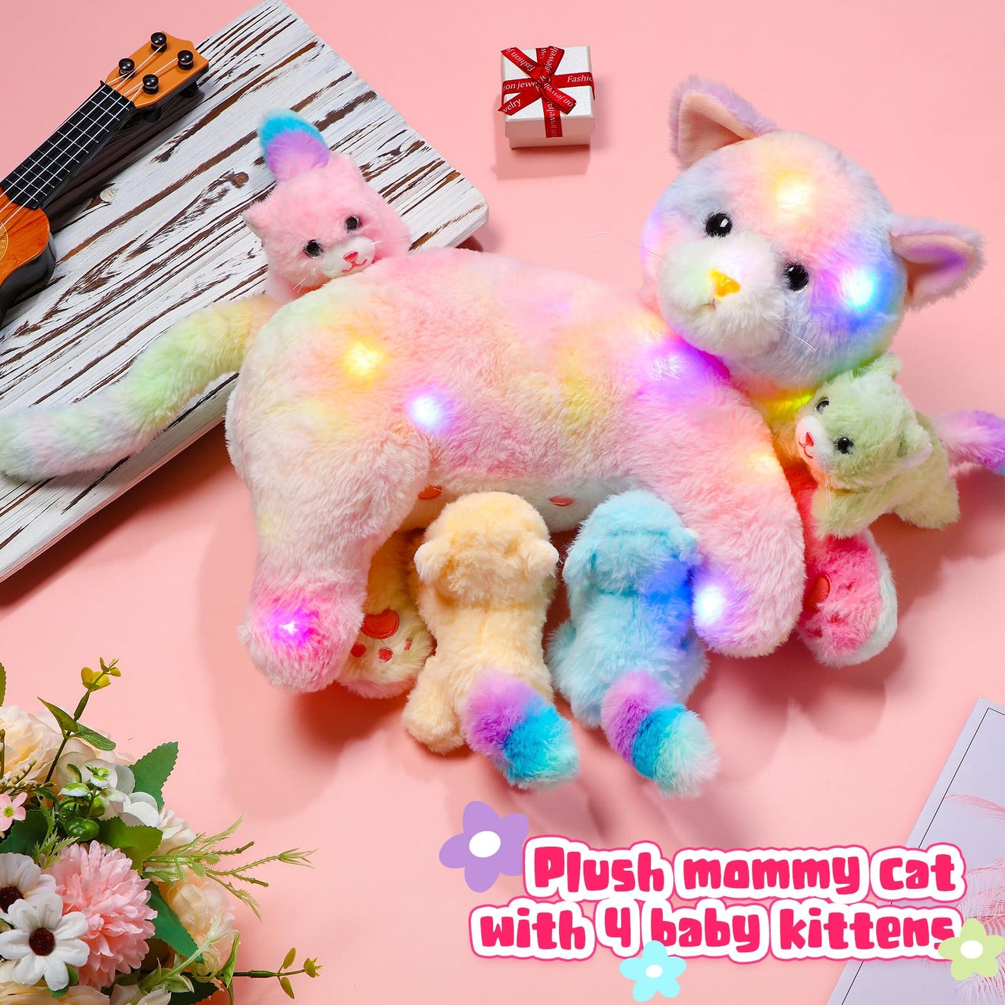 Skylety Nurturing Cat Stuffed Animal with 4 Plush Kittens, Cats Baby Stuffed for Girls Boys Plushy Mommy Kitty with Baby Kittens for Birthday Party Favors Gifts(LED Style)