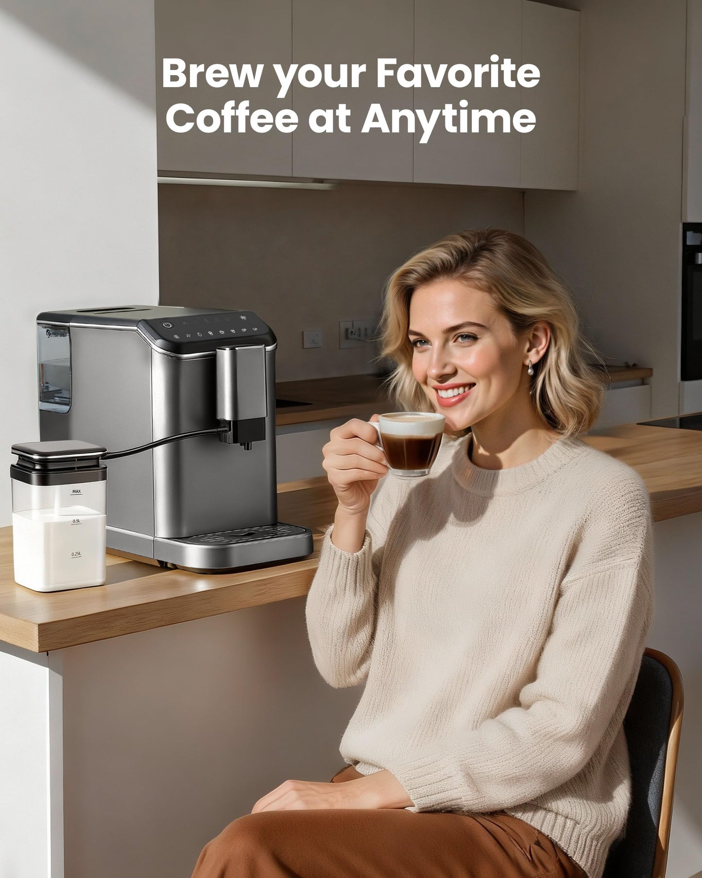 ICEVIVAL Automatic Espresso Machine, 20 Bar Espresso Maker with Touch Control, 15-Grind Settings Super Automatic Coffee Machine with Integrated Milk Frother, Auto Self-Cleaning