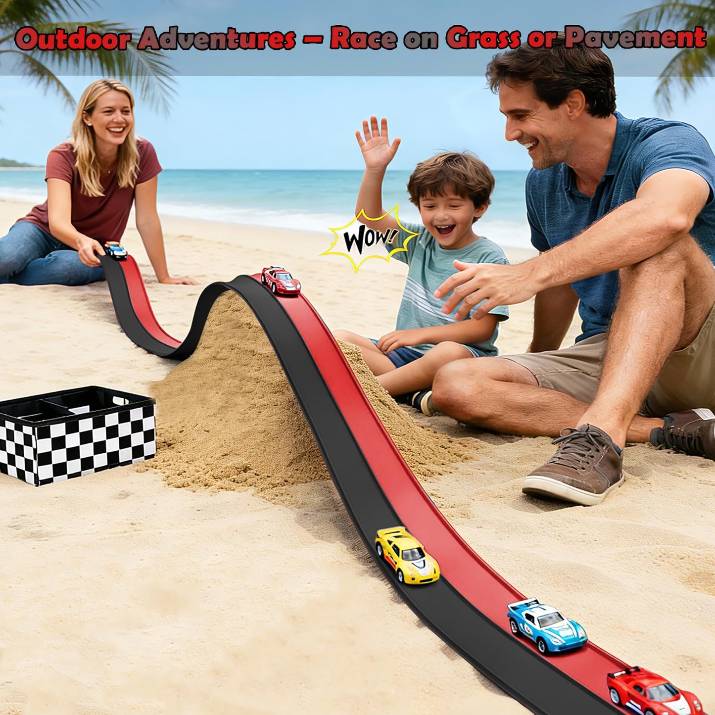 Flexible Race Track 15 Ft Starter Set, Flex Tracks for Kids 3+ with Strong Suction Cups, Flexible Car Race Ramp Track Compatible with Hot Wheels and Diecast 1/64 Cars, Portable Rolls Up Race Tracks
