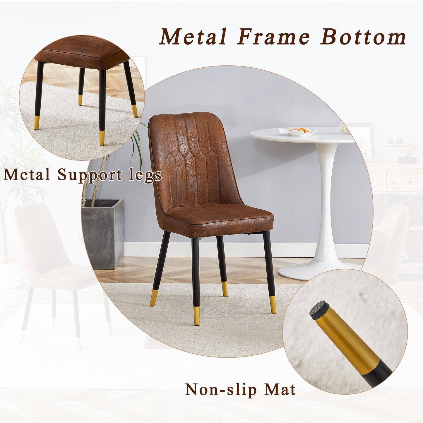 JUFU Modern Dining Table Set for 6, 63'' Kitchen Table Set with Faux Marble Tabletop and 4 PU Leather Upholstered 007 Brown Chairs, Dinner Table Set for 6, Ideal for Dining Room and Kitchen