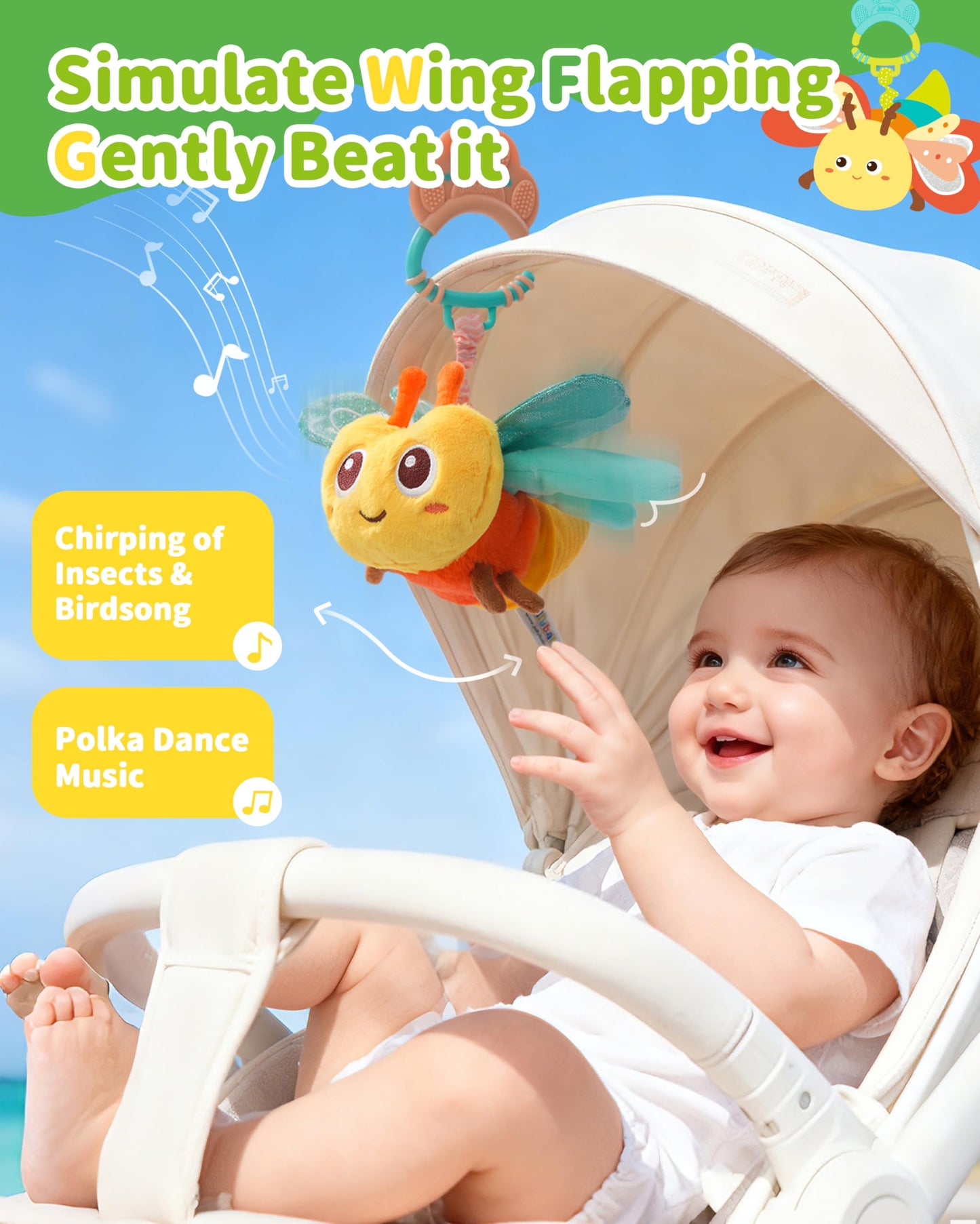 Jollybaby Musical Flying Ladybug Toy - Car Seat, Stroller, Crib & Play Gym Hanging Toys for Baby 0-6-12-24 Months, Tummy Time Sensory Music Toy for Infant Boys and Girls Gifts