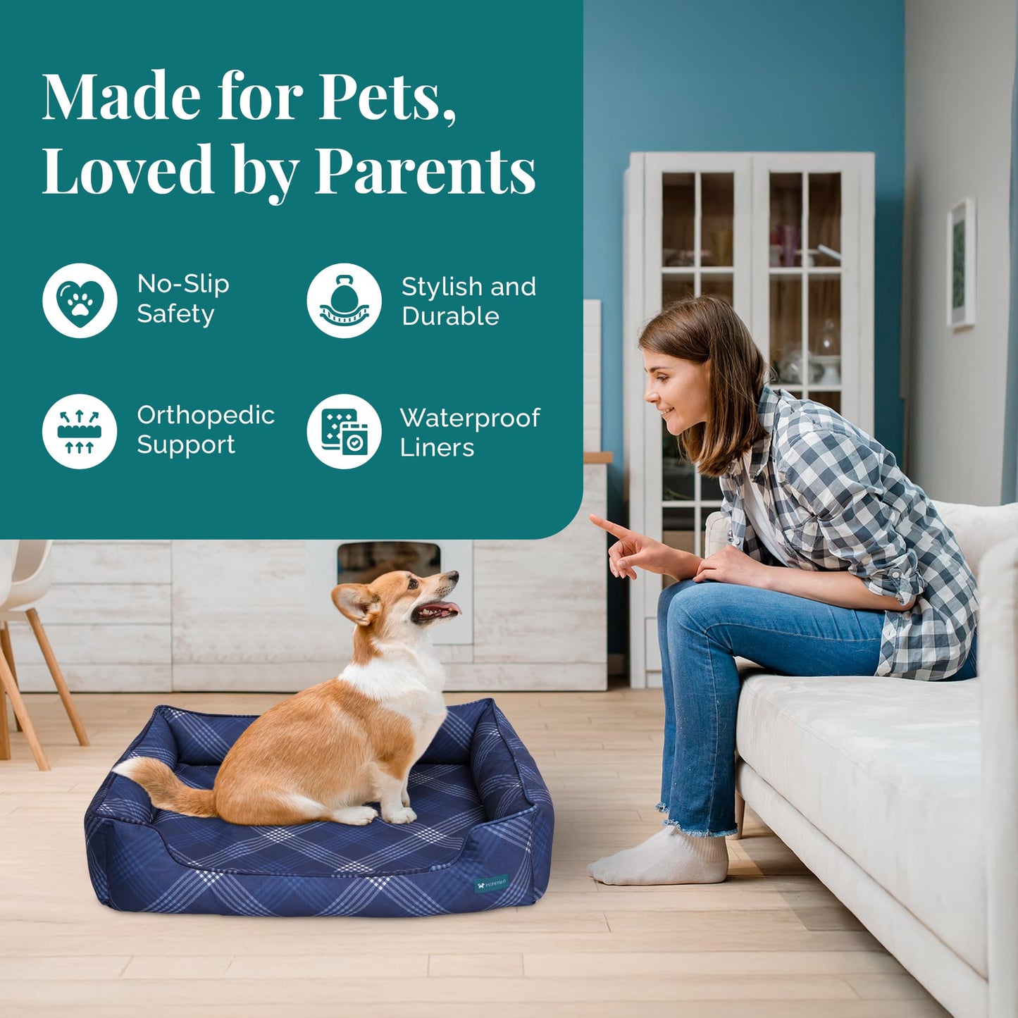 Pupstilo Orthopedic Bolster Dog Bed – CertiPUR-US Foam, Recycled Polyester Canvas, Washable Cover, Anti-Slip Bottom, Large, Navy Plaid – Stylish Designer Dog Sofa