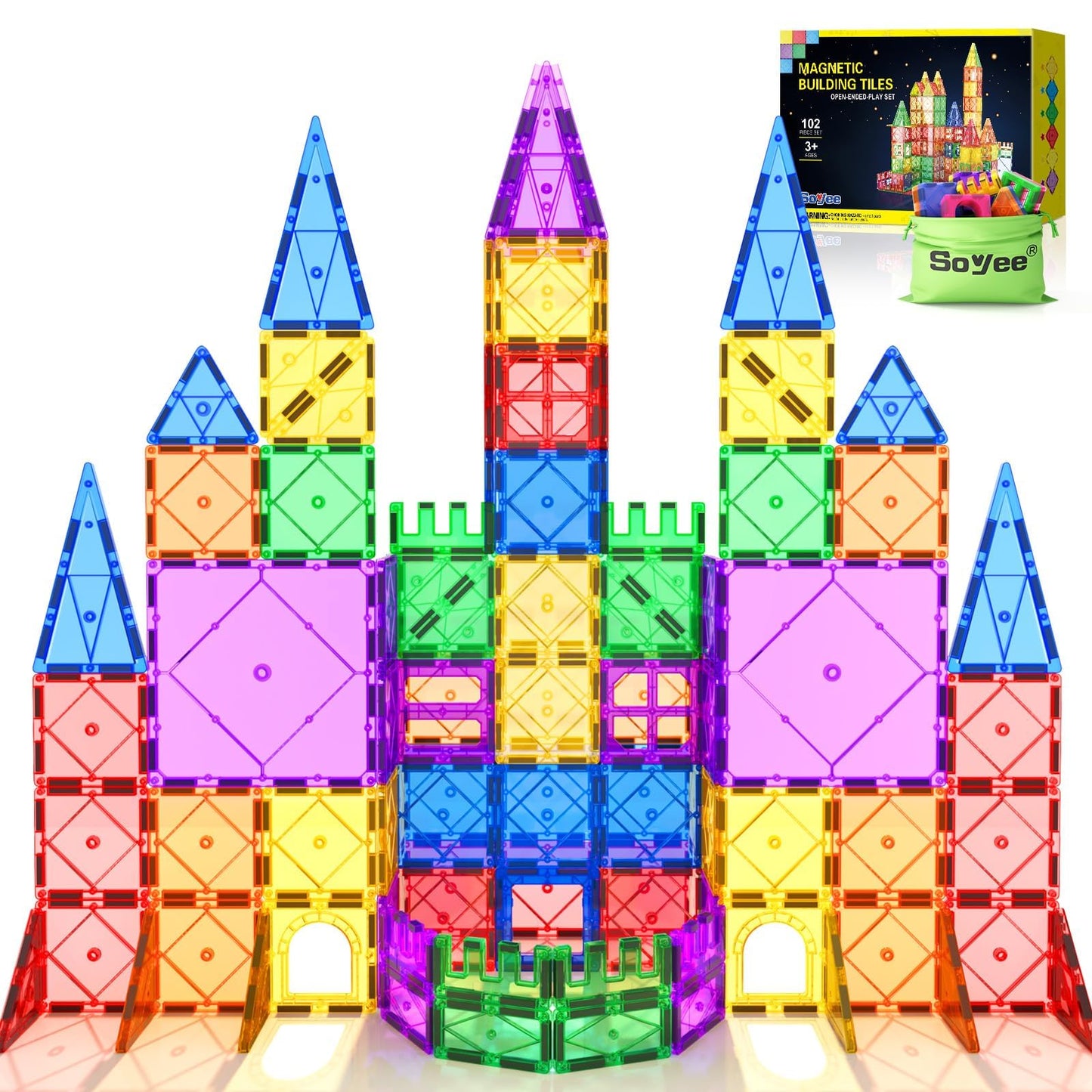Soyee 102PCS Magnetic Tiles Building Blocks Stem Toys for 3+ Year Old Boys Girls Montessori Toys Toddler Kids Gifts Parents Approved Sensory Toys