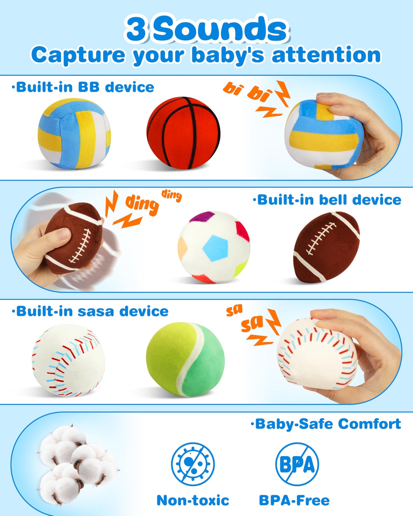 Vanmor Sensory Sports Balls for Babies 6-12M+, 6 Pack Machine Washable Plush Ball Set with Crinkle, Rattles, Squeaky Sounds, Toddler Learning Toys with Travel Bag, Baby Shower Birthday for Newborn