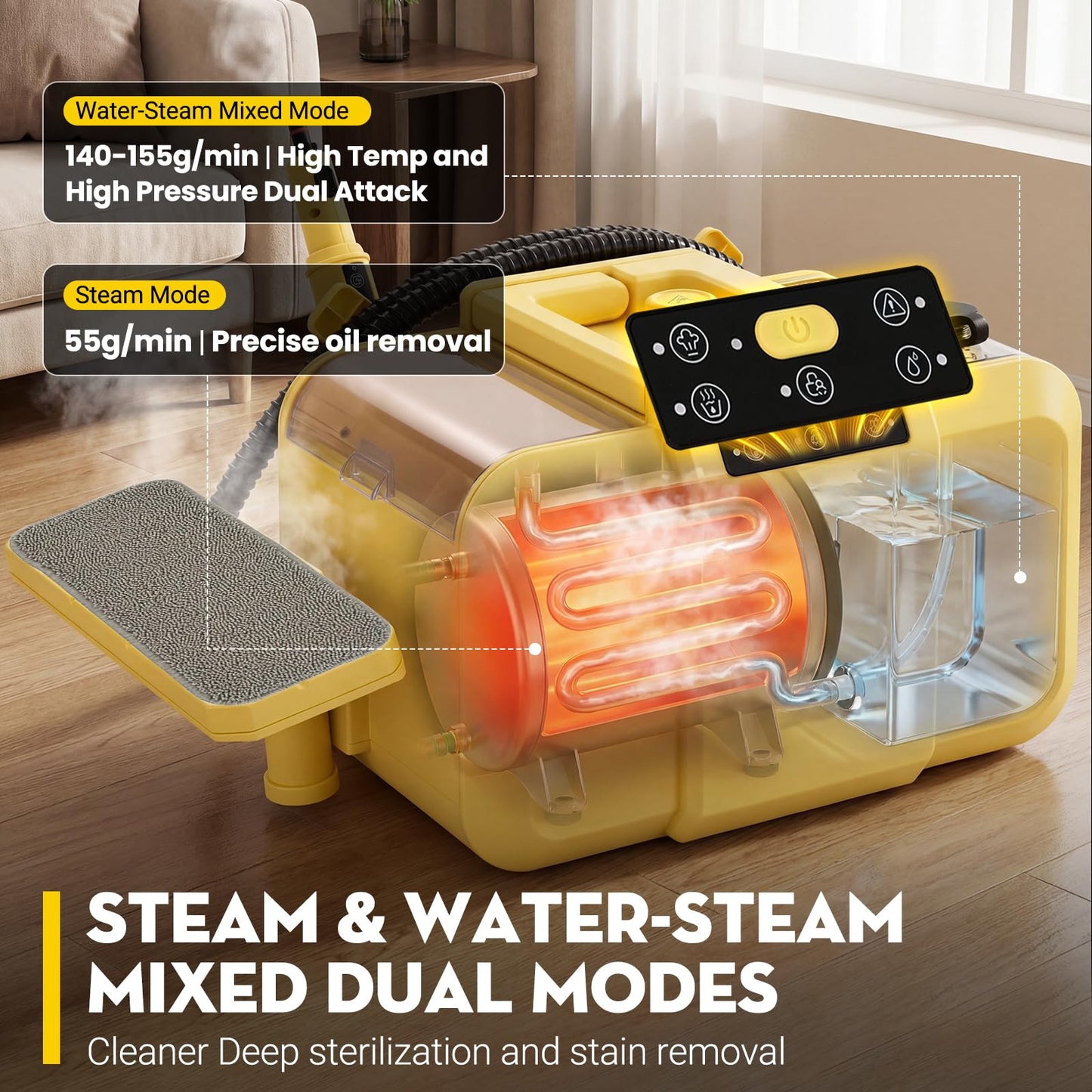 MOMOKOVA Steam Cleaner, Chemical-Free High-Pressure Commercial Steamer Cleaner with Unlimited Steam Injection, Fast Heat-Up, 2.2L Capacity, 14 Accessories for Floors, Grout, Upholstery (yellow)