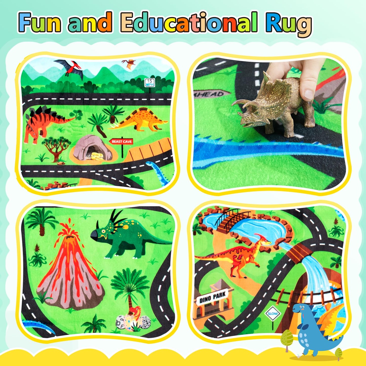 Diysani Kids Rug, Car Carpet for Kids' Toy Cars, 6x9 Ft Dinosaur Rug, Dino Safari Road Mat for Playroom, Educational Learning & Game Area Baby Play Mat Carpet for Children