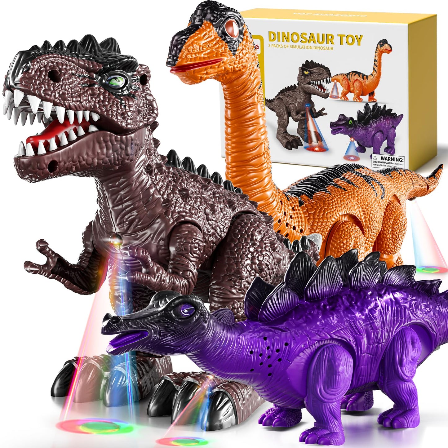 Lucky Doug 3 Pack Electric Realistic Dinosaur Toys with Simulated Sounds ＆ Lights for Boys Kids Aged 3 4 5 Years Old - Perfect Jurassic Tyrannosaurus Rex Gift for Birthday 3-5 Years