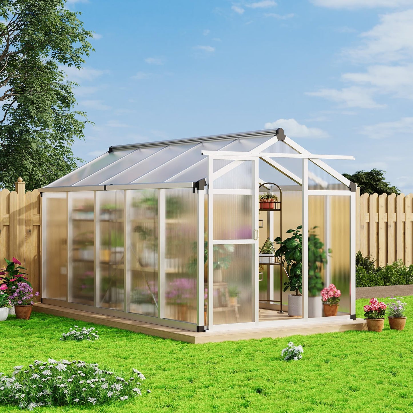GAOMON 6 x 10 ft Greenhouse for Outdoor with Sliding Door, Green House with Polycarbonate Panel & Ajustable Roof Vent & Ground Nails, Walk-in Aluminum Greenhouses for Garden, Patio