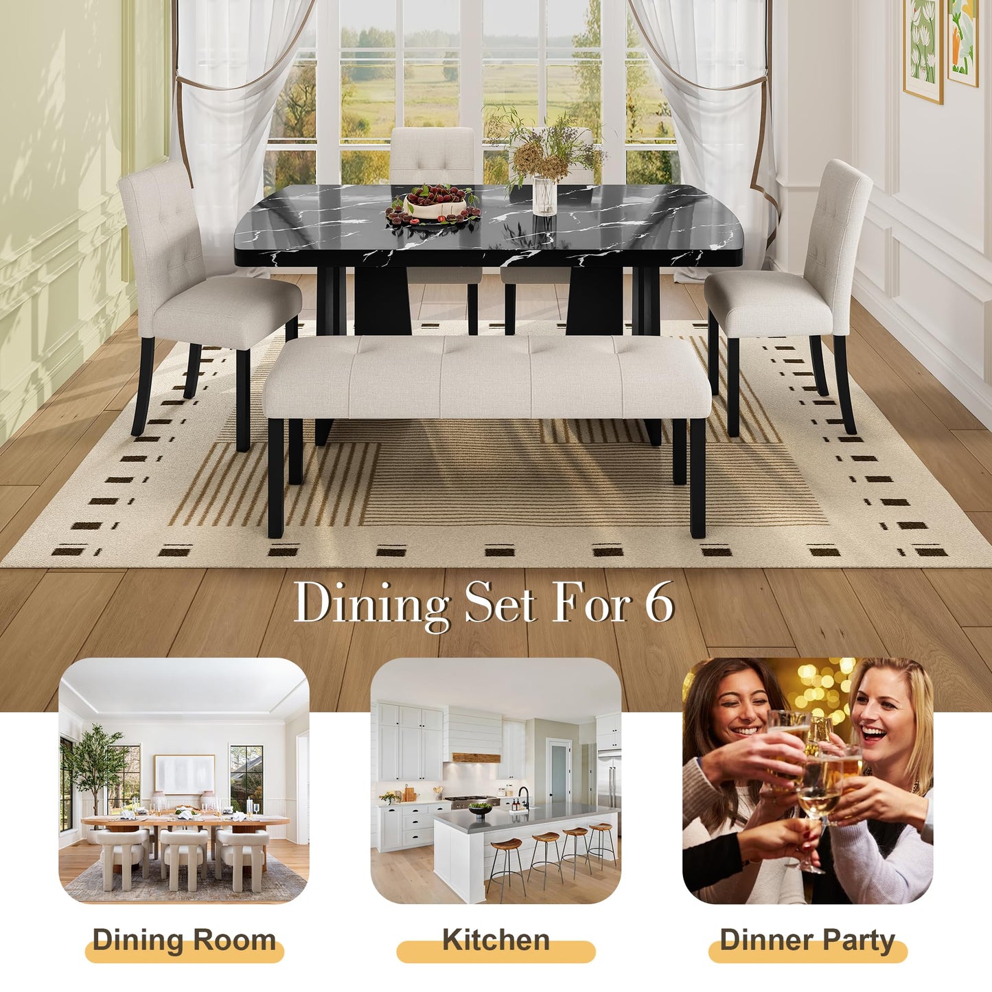 Merax 6-Piece Dining Table Set with Modern Faux Marble Oval Kitchen Tabletop, Four Upholstered Chairs and One Bench for Dining, Living Room, Kitchen, Easy Assembly, Black+Beige